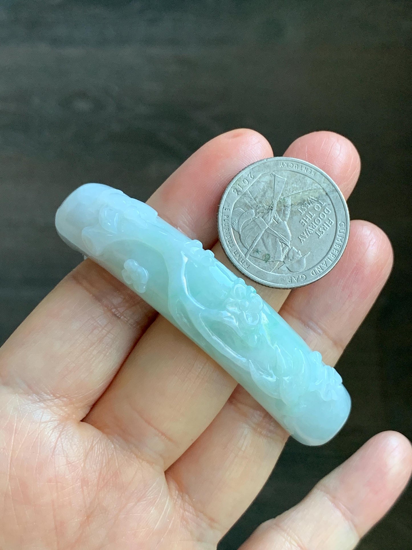 Certified Natural Grade A Icy Translucent Pastel Green Marbled Jade Jadeite Carved Cuff & Beads Beaded Bracelet 6.5” 天然晴底细糯翡翠喜上眉梢半镯圆珠手串 3275