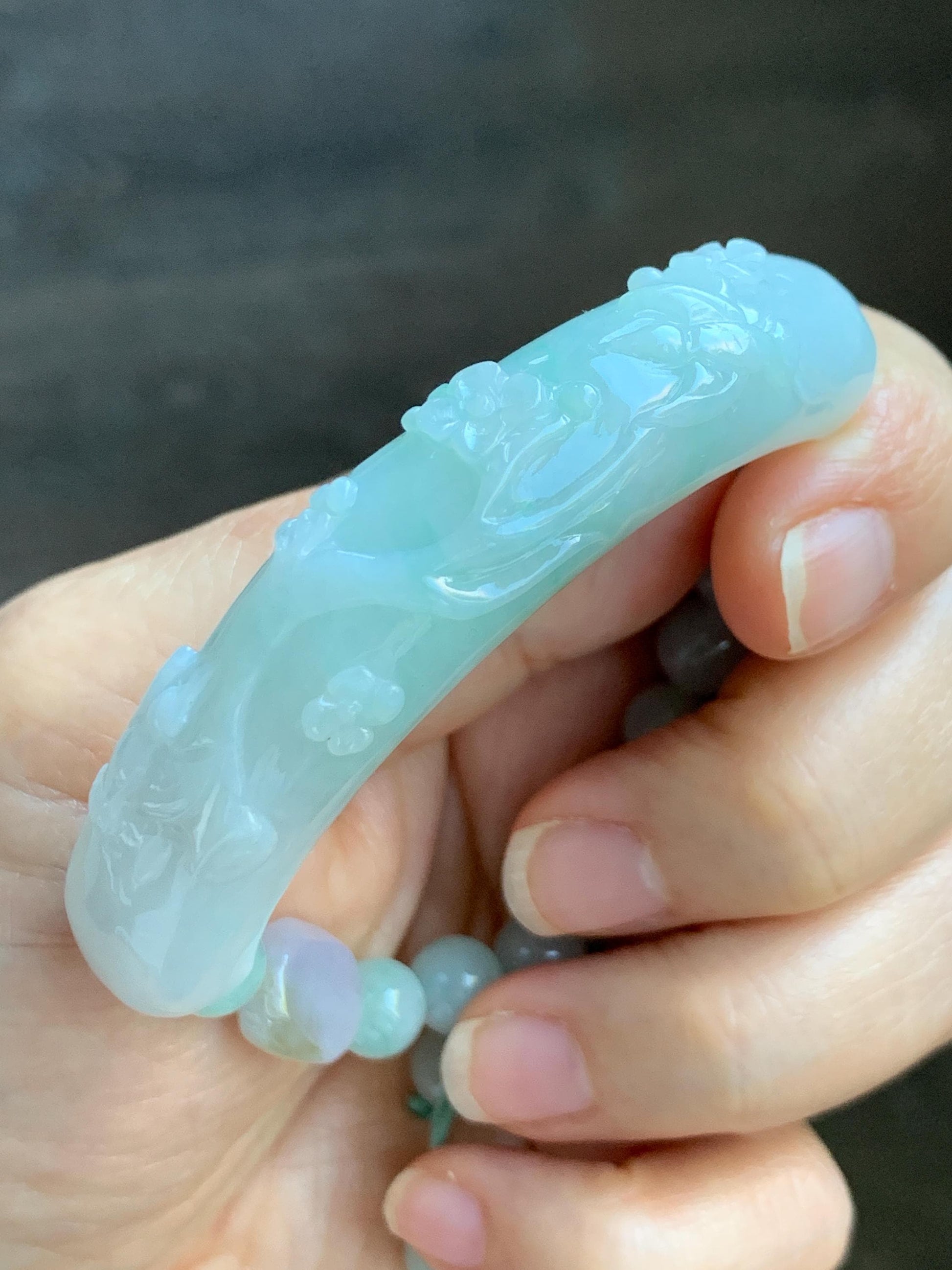Certified Natural Grade A Icy Translucent Pastel Green Marbled Jade Jadeite Carved Cuff & Beads Beaded Bracelet 6.5” 天然晴底细糯翡翠喜上眉梢半镯圆珠手串 3275