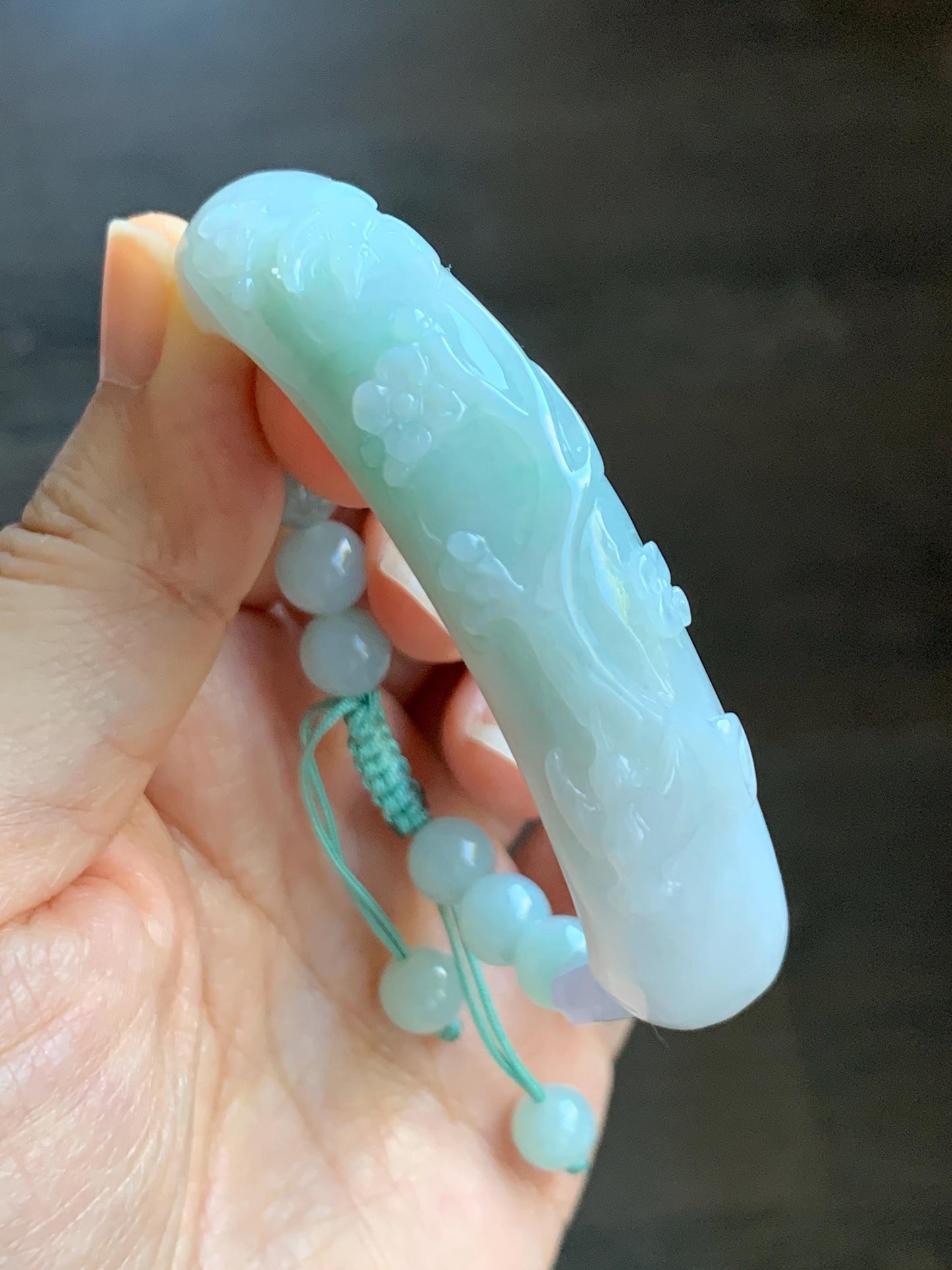 Certified Natural Grade A Icy Translucent Pastel Green Marbled Jade Jadeite Carved Cuff & Beads Beaded Bracelet 6.5” 天然晴底细糯翡翠喜上眉梢半镯圆珠手串 3275