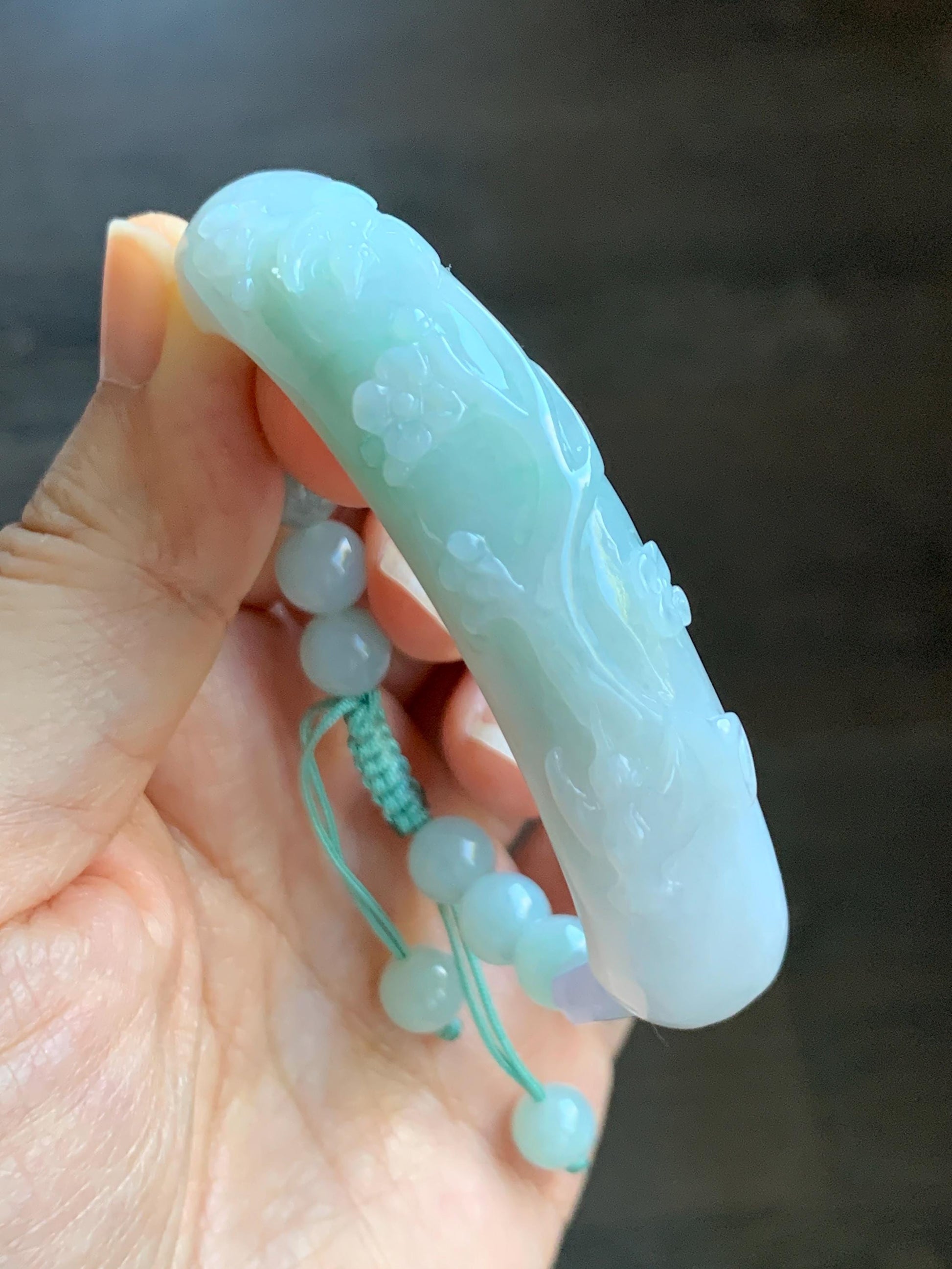 Certified Natural Grade A Icy Translucent Pastel Green Marbled Jade Jadeite Carved Cuff & Beads Beaded Bracelet 6.5” 天然晴底细糯翡翠喜上眉梢半镯圆珠手串 3275