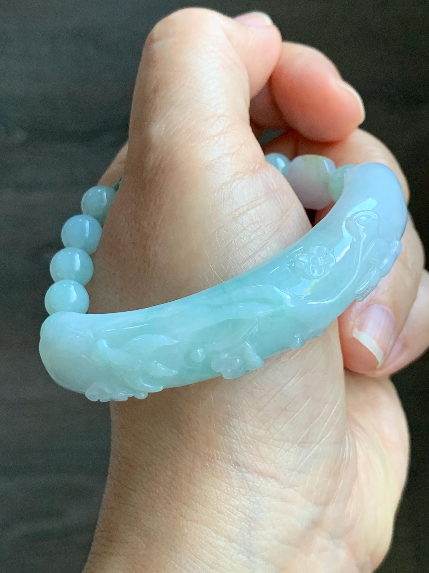 Certified Natural Grade A Icy Translucent Pastel Green Marbled Jade Jadeite Carved Cuff & Beads Beaded Bracelet 6.5” 天然晴底细糯翡翠喜上眉梢半镯圆珠手串 3275