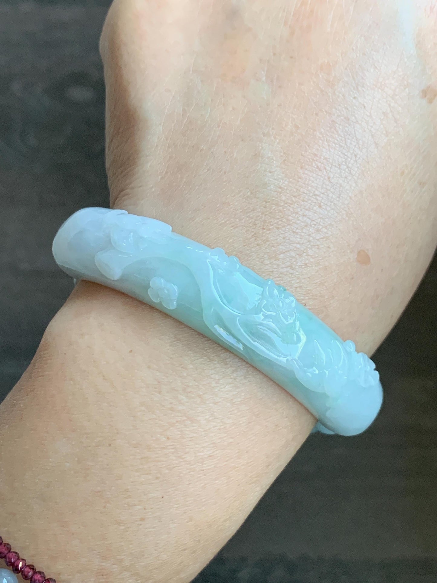 Certified Natural Grade A Icy Translucent Pastel Green Marbled Jade Jadeite Carved Cuff & Beads Beaded Bracelet 6.5” 天然晴底细糯翡翠喜上眉梢半镯圆珠手串 3275