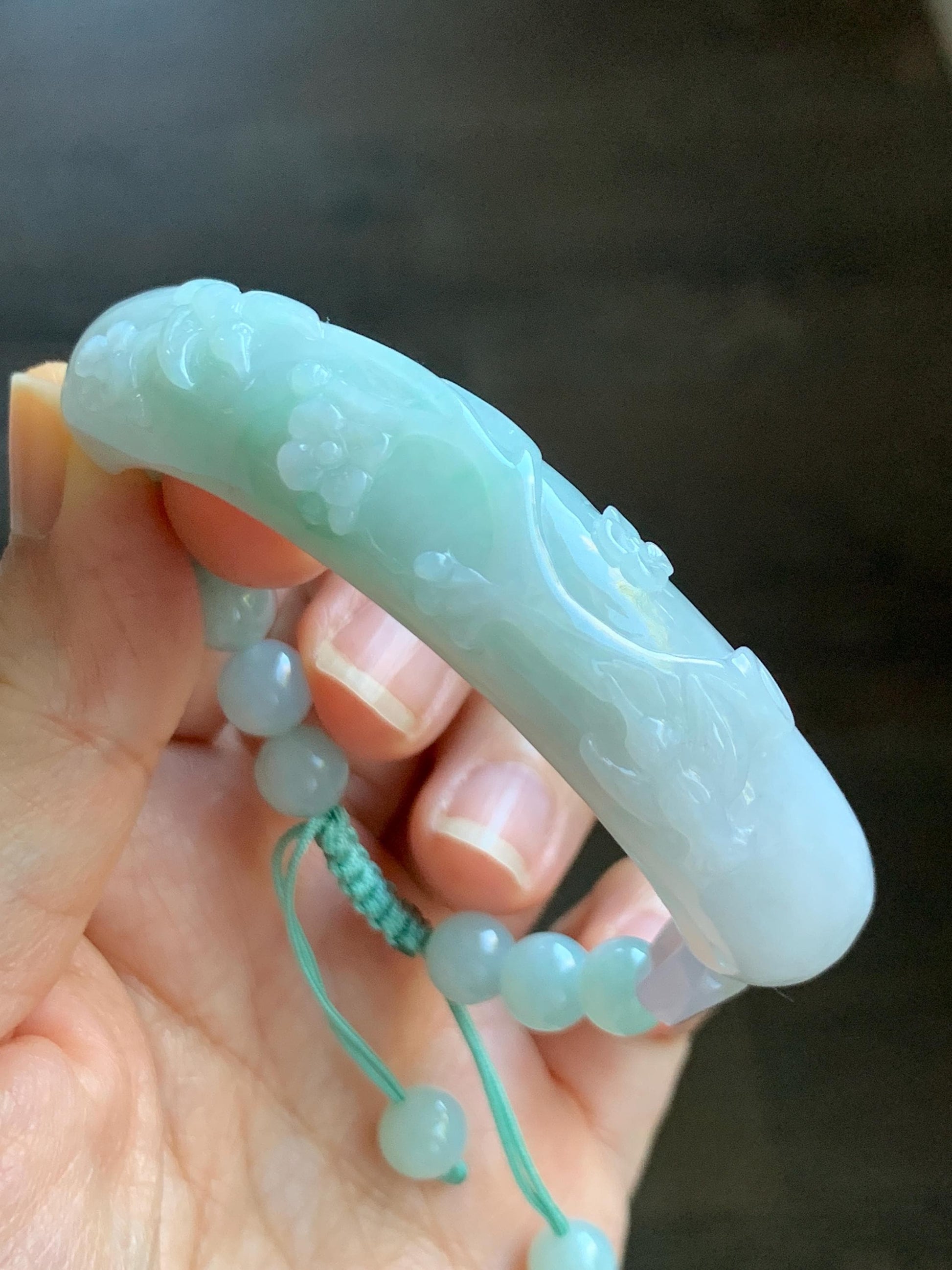 Certified Natural Grade A Icy Translucent Pastel Green Marbled Jade Jadeite Carved Cuff & Beads Beaded Bracelet 6.5” 天然晴底细糯翡翠喜上眉梢半镯圆珠手串 3275