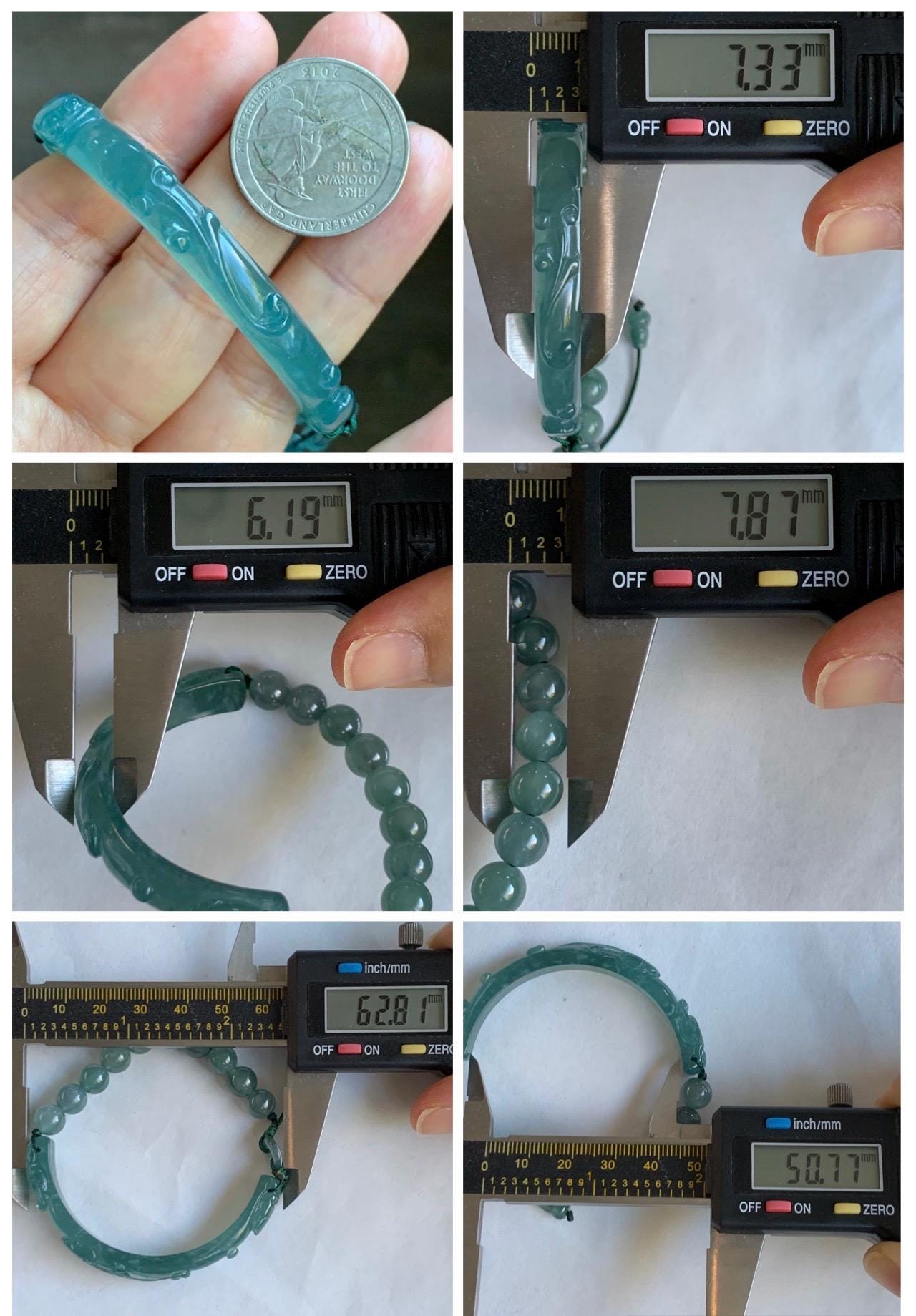 Natural Grade A Guatemalan Icy Highly Translucent Teal Blue Jade Jadeite Dragon Hook Cuff Beaded Bracelet 6.75" 19g 天然高冰危蓝龙钩手牌手串 GLG350S