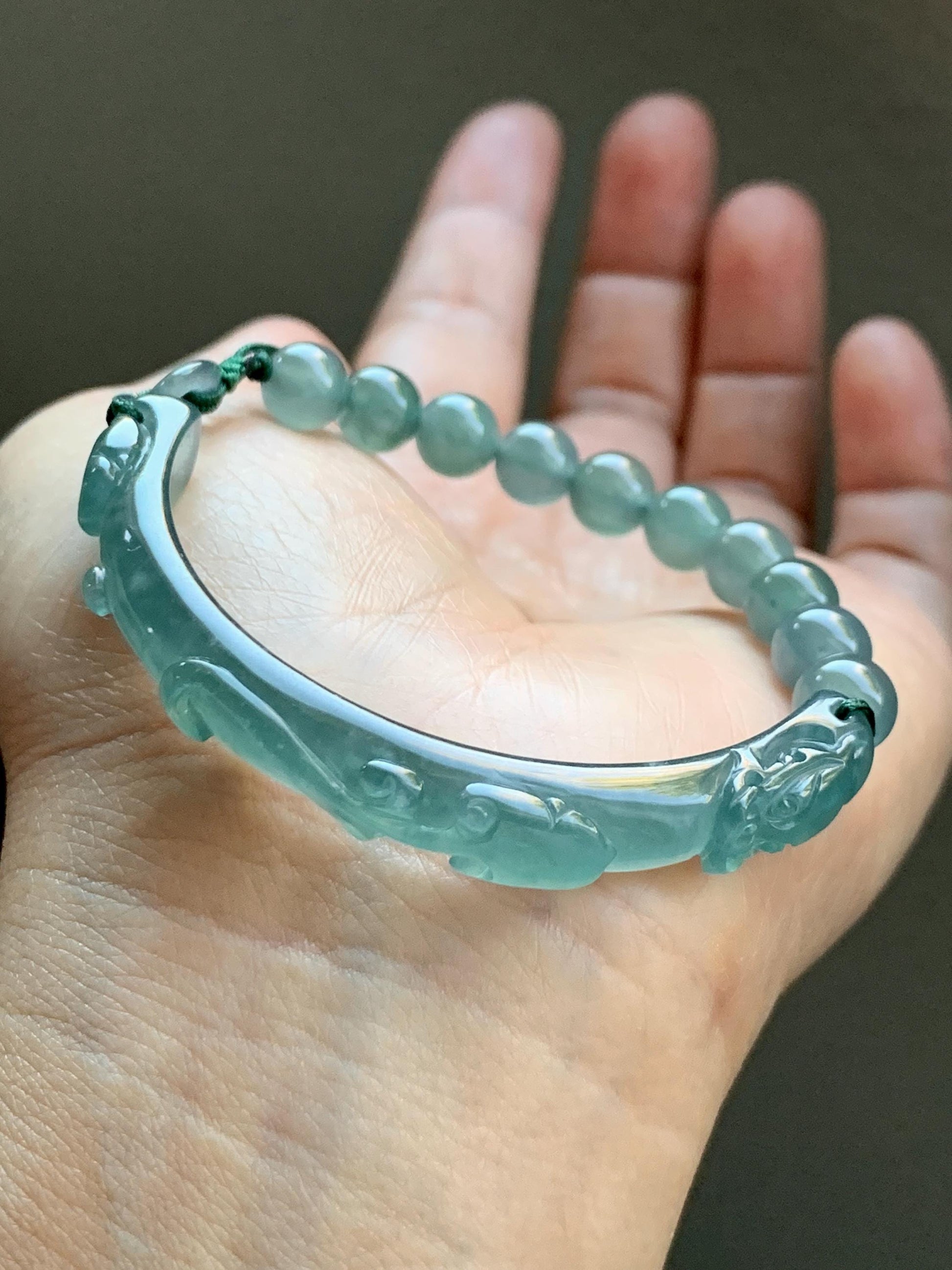 Natural Grade A Guatemalan Icy Highly Translucent Teal Blue Jade Jadeite Dragon Hook Cuff Beaded Bracelet 6.75" 19g 天然高冰危蓝龙钩手牌手串 GLG350S