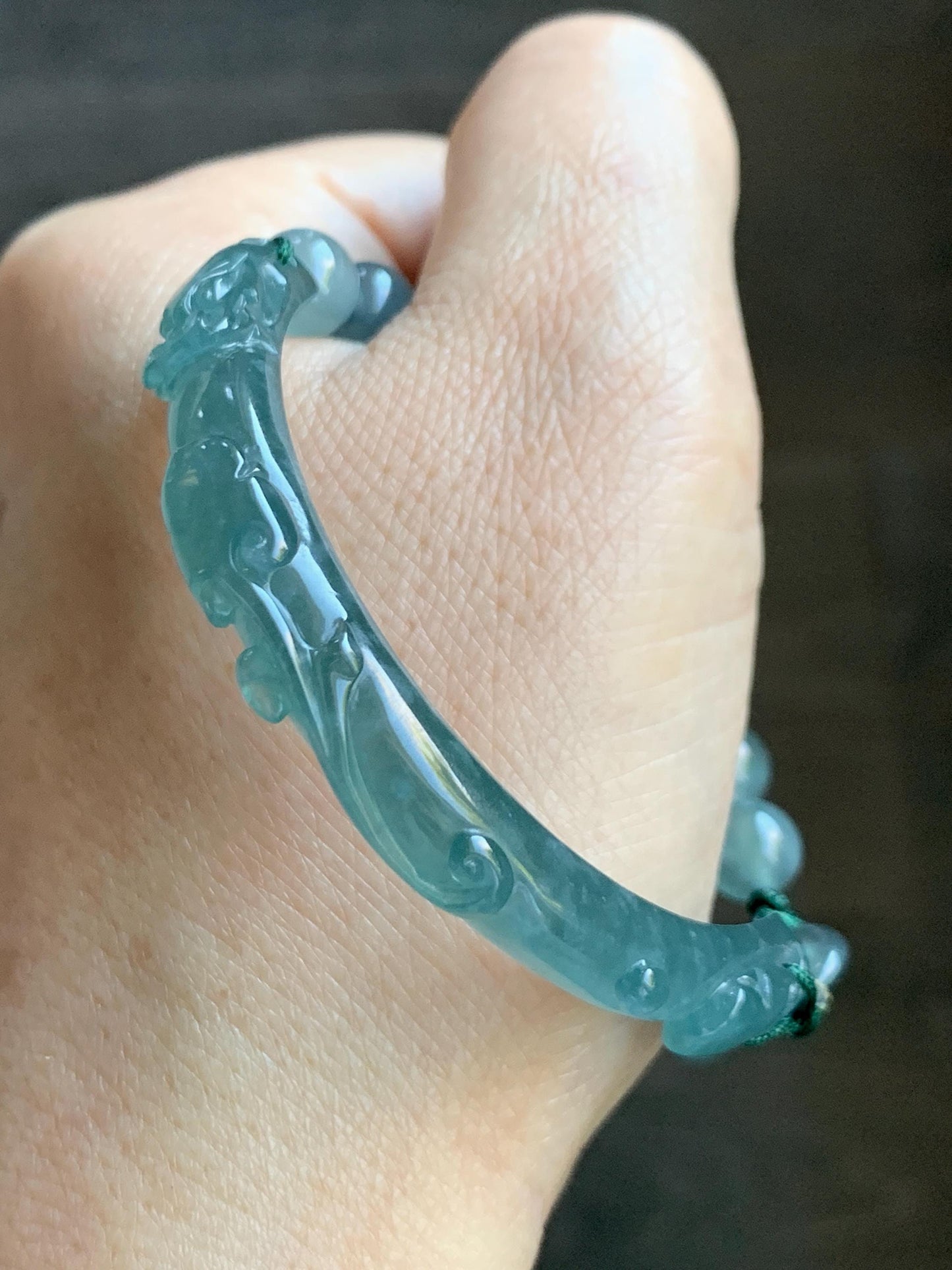 Natural Grade A Guatemalan Icy Highly Translucent Teal Blue Jade Jadeite Dragon Hook Cuff Beaded Bracelet 6.75" 19g 天然高冰危蓝龙钩手牌手串 GLG350S