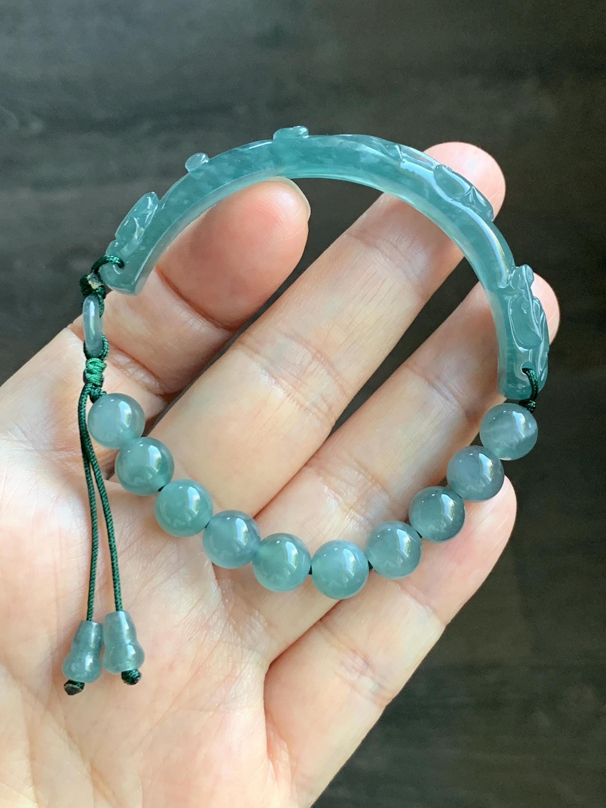 Natural Grade A Guatemalan Icy Highly Translucent Teal Blue Jade Jadeite Dragon Hook Cuff Beaded Bracelet 6.75" 19g 天然高冰危蓝龙钩手牌手串 GLG350S