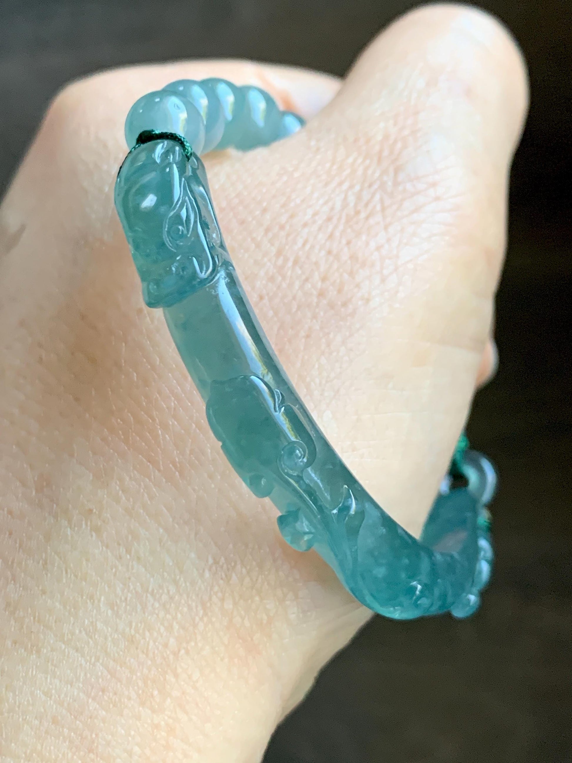 Natural Grade A Guatemalan Icy Highly Translucent Teal Blue Jade Jadeite Dragon Hook Cuff Beaded Bracelet 6.75" 19g 天然高冰危蓝龙钩手牌手串 GLG350S
