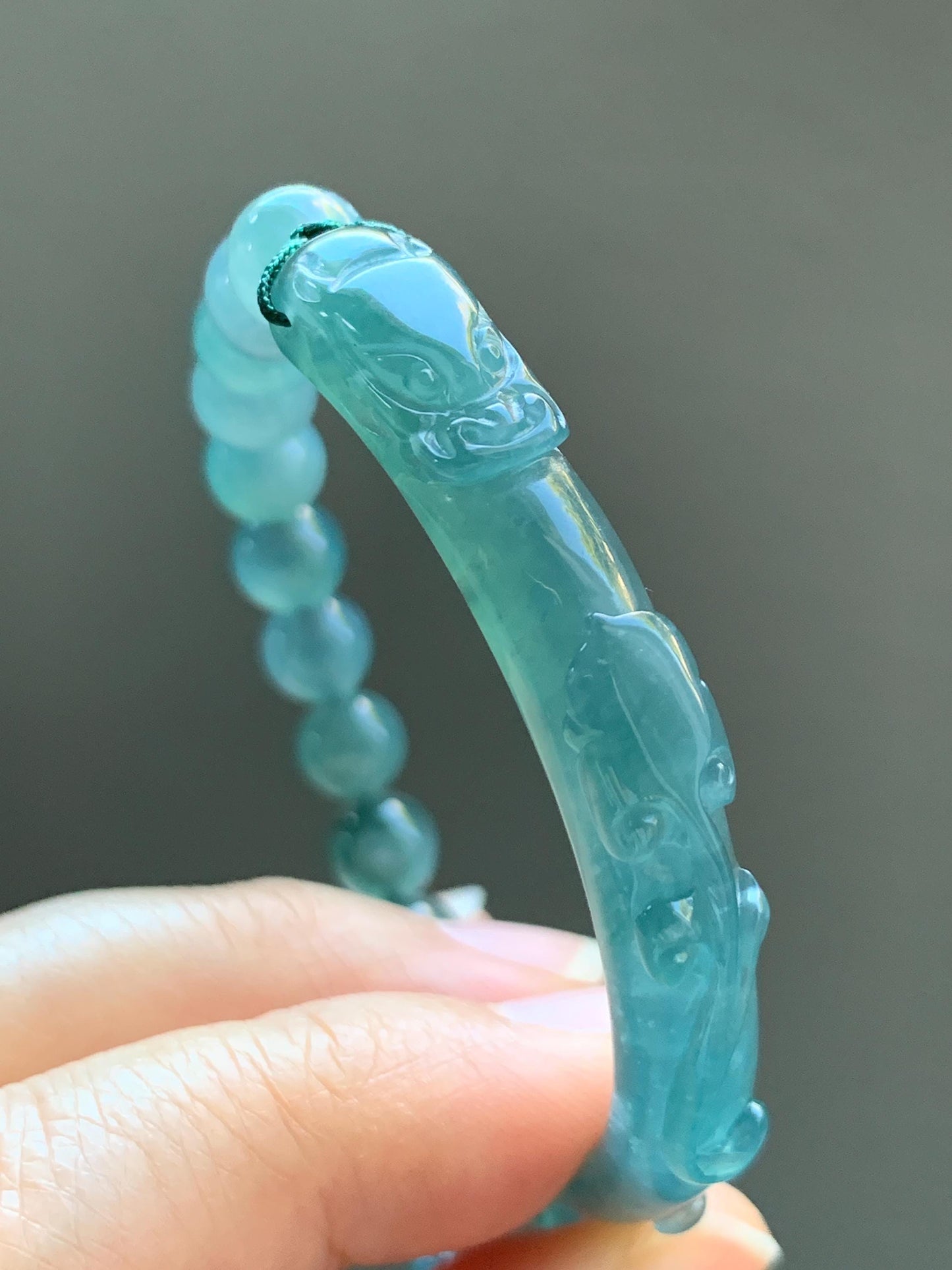 Natural Grade A Guatemalan Icy Highly Translucent Teal Blue Jade Jadeite Dragon Hook Cuff Beaded Bracelet 6.75" 19g 天然高冰危蓝龙钩手牌手串 GLG350S
