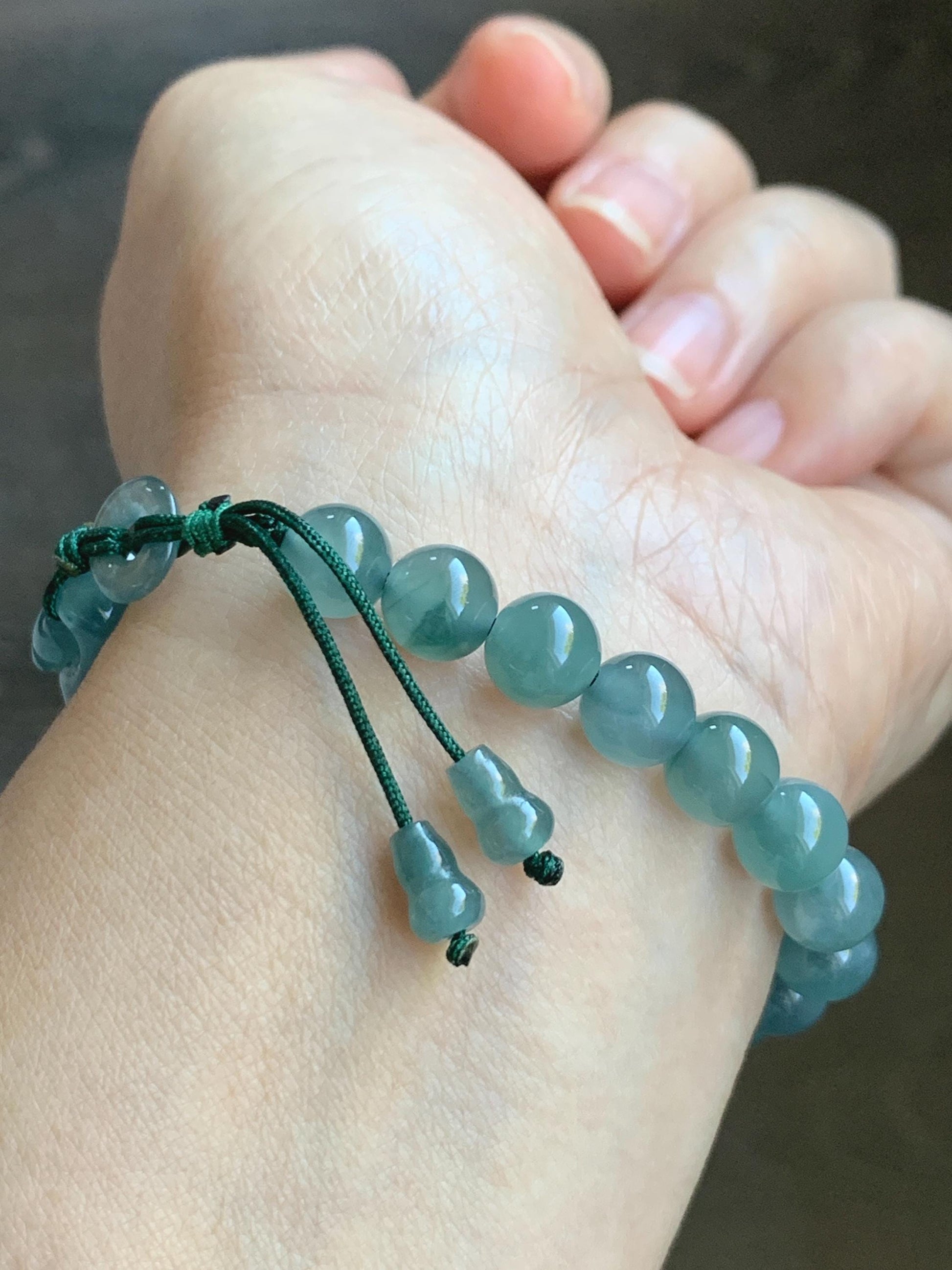 Natural Grade A Guatemalan Icy Highly Translucent Teal Blue Jade Jadeite Dragon Hook Cuff Beaded Bracelet 6.75" 19g 天然高冰危蓝龙钩手牌手串 GLG350S