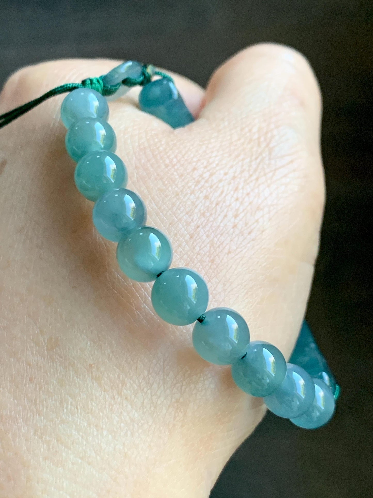 Natural Grade A Guatemalan Icy Highly Translucent Teal Blue Jade Jadeite Dragon Hook Cuff Beaded Bracelet 6.75" 19g 天然高冰危蓝龙钩手牌手串 GLG350S