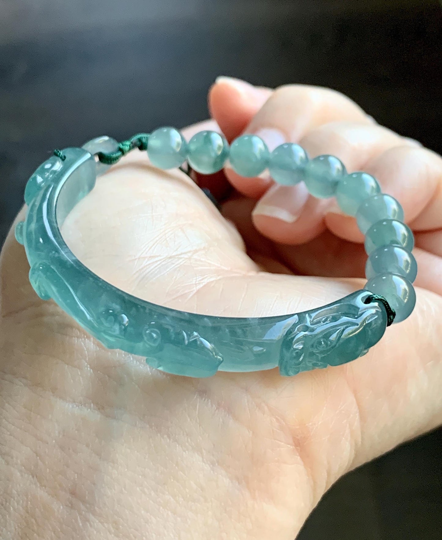 Natural Grade A Guatemalan Icy Highly Translucent Teal Blue Jade Jadeite Dragon Hook Cuff Beaded Bracelet 6.75" 19g 天然高冰危蓝龙钩手牌手串 GLG350S