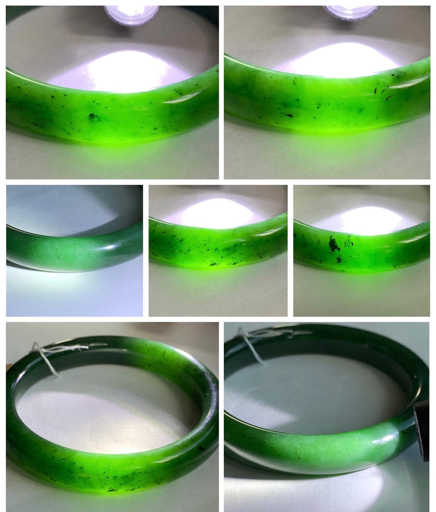 Certified Natural Nephrite Jade Translucent Dark Green Bangle Bracelet 63.5mm 7.85” 58g 天然和田玉菠菜绿轮胎宽手镯 150