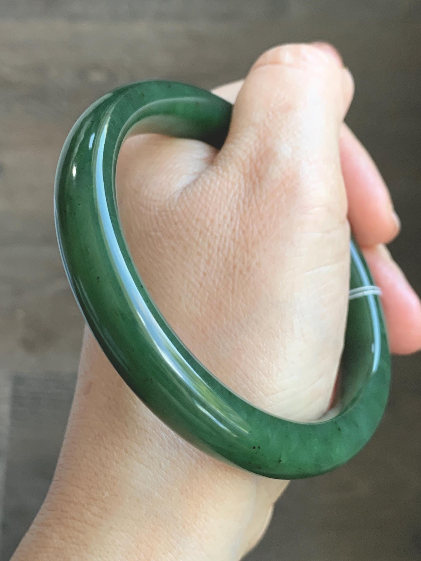 Certified Natural Nephrite Jade Translucent Dark Green Bangle Bracelet 63.5mm 7.85” 58g 天然和田玉菠菜绿轮胎宽手镯 150