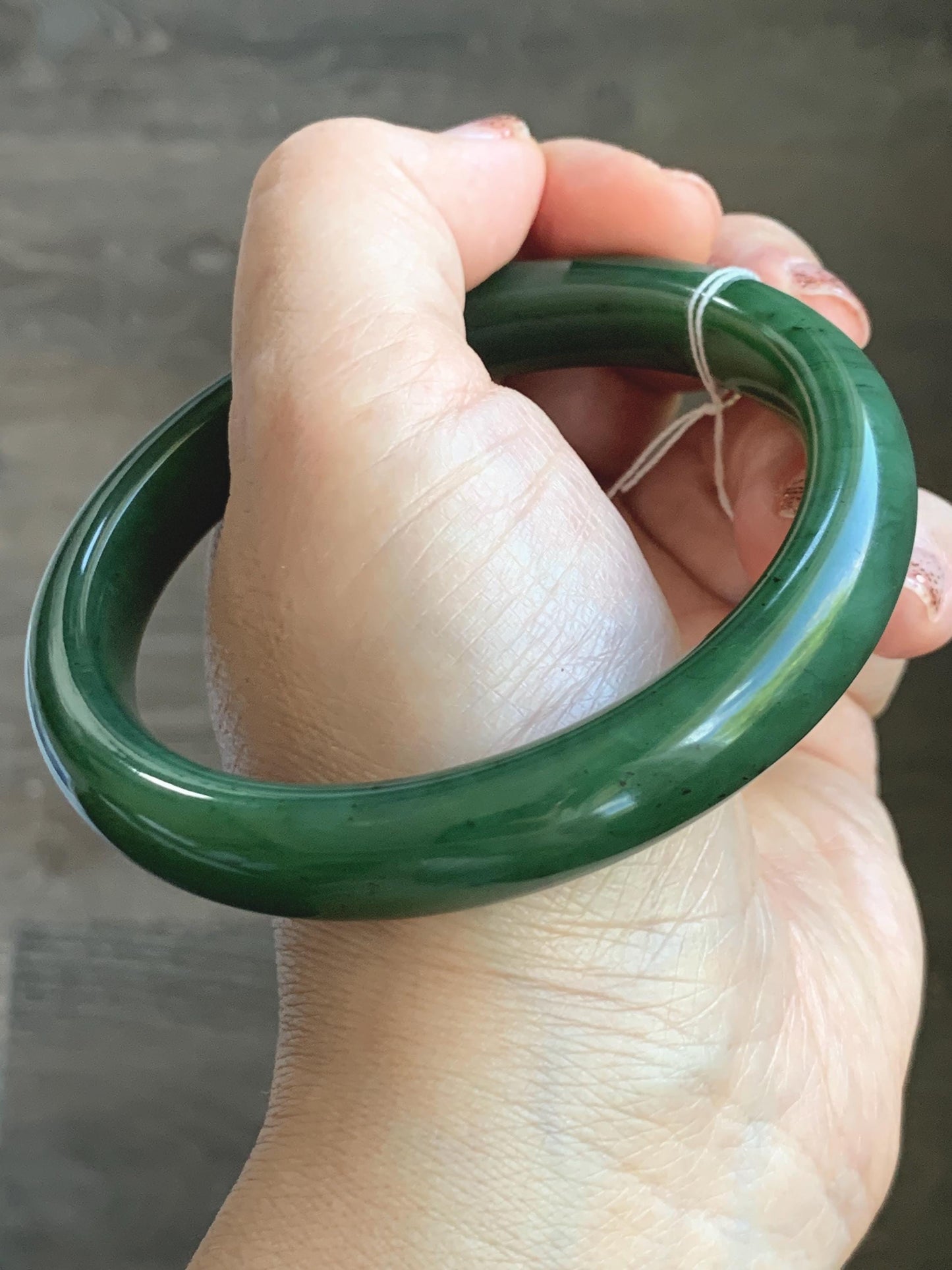 Certified Natural Nephrite Jade Translucent Dark Green Bangle Bracelet 63.5mm 7.85” 58g 天然和田玉菠菜绿轮胎宽手镯 150