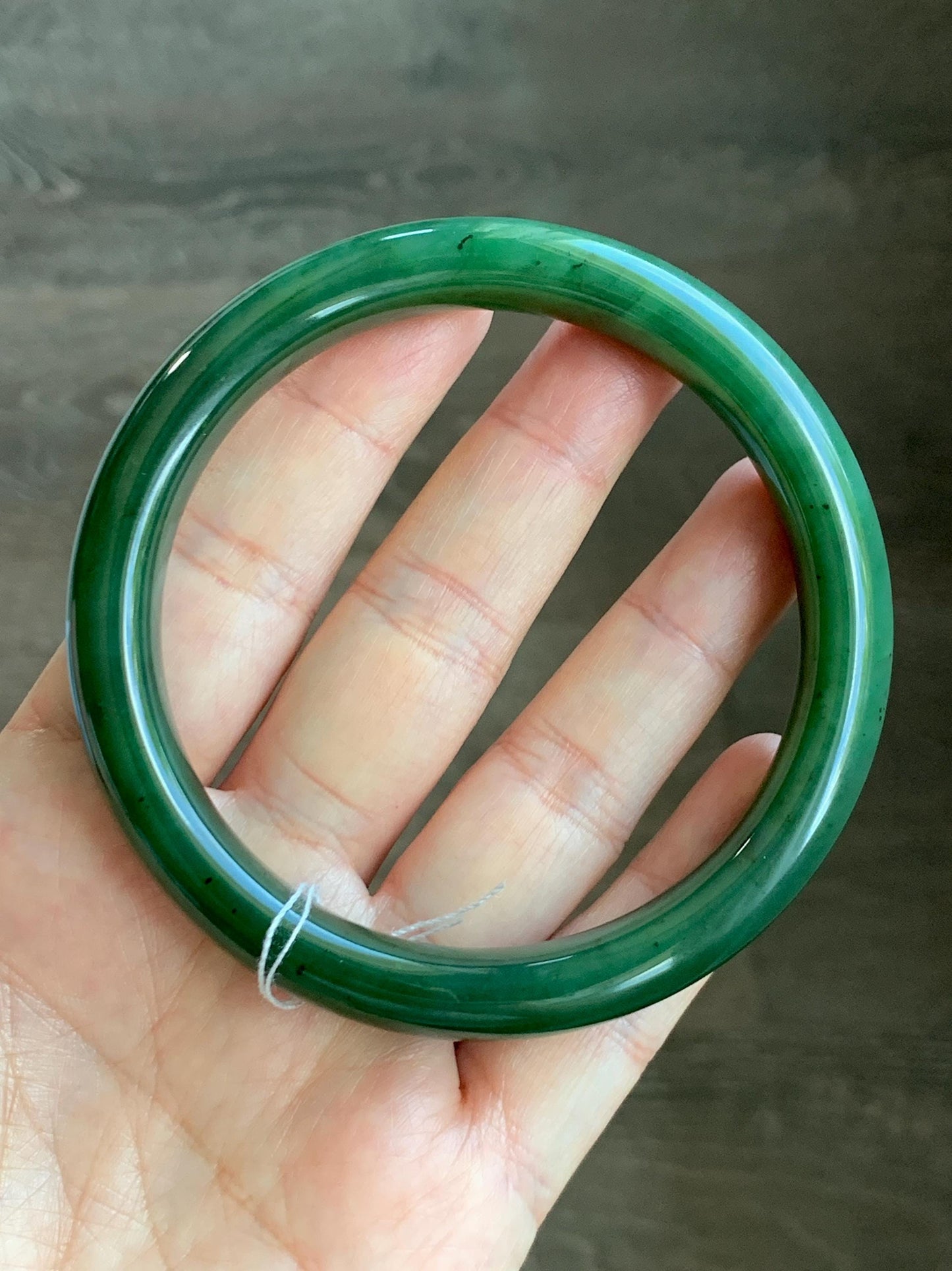 Certified Natural Nephrite Jade Translucent Dark Green Bangle Bracelet 63.5mm 7.85” 58g 天然和田玉菠菜绿轮胎宽手镯 150
