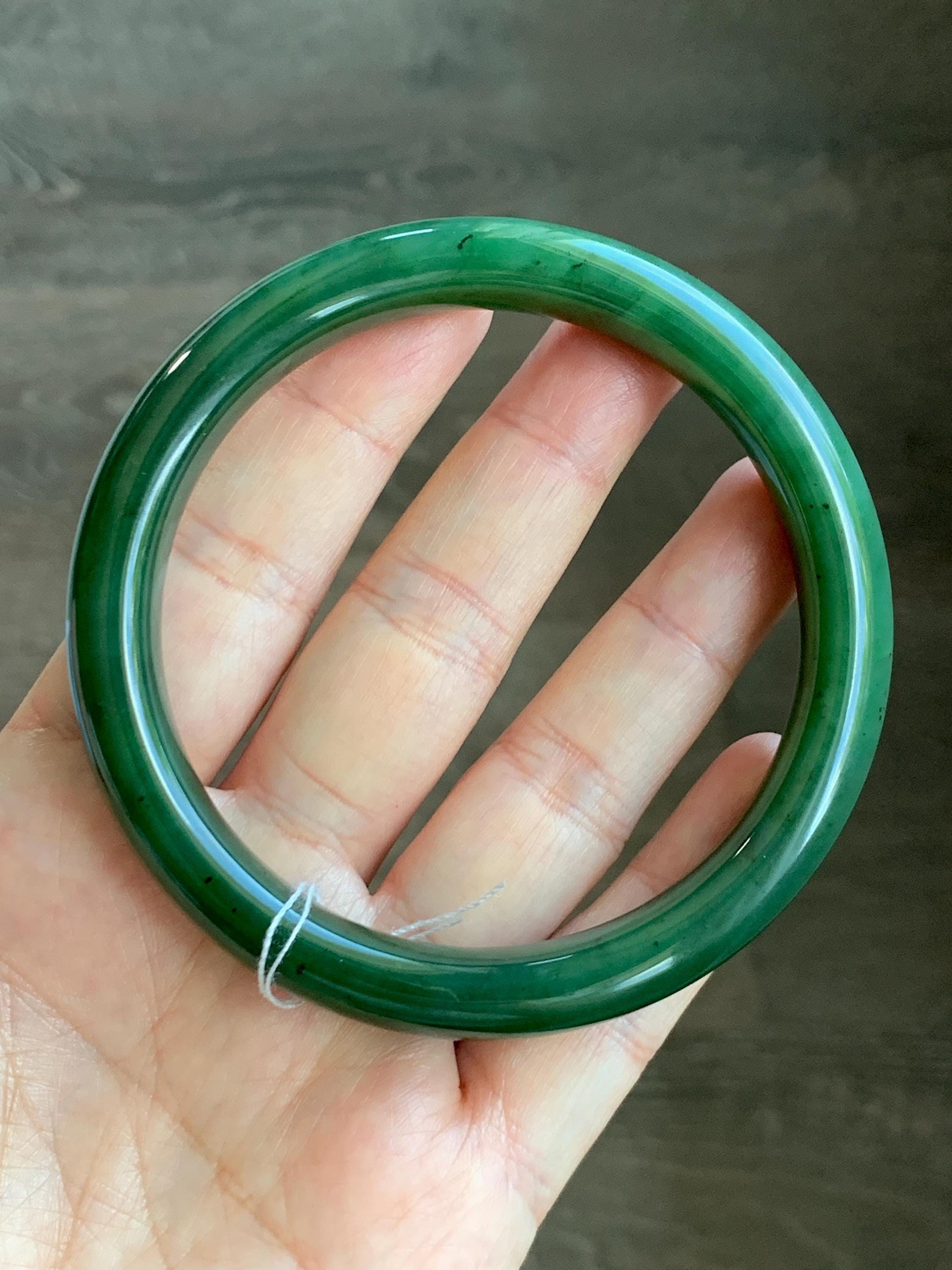 Certified Natural Nephrite Jade Translucent Dark Green Bangle Bracelet 63.5mm 7.85” 58g 天然和田玉菠菜绿轮胎宽手镯 150