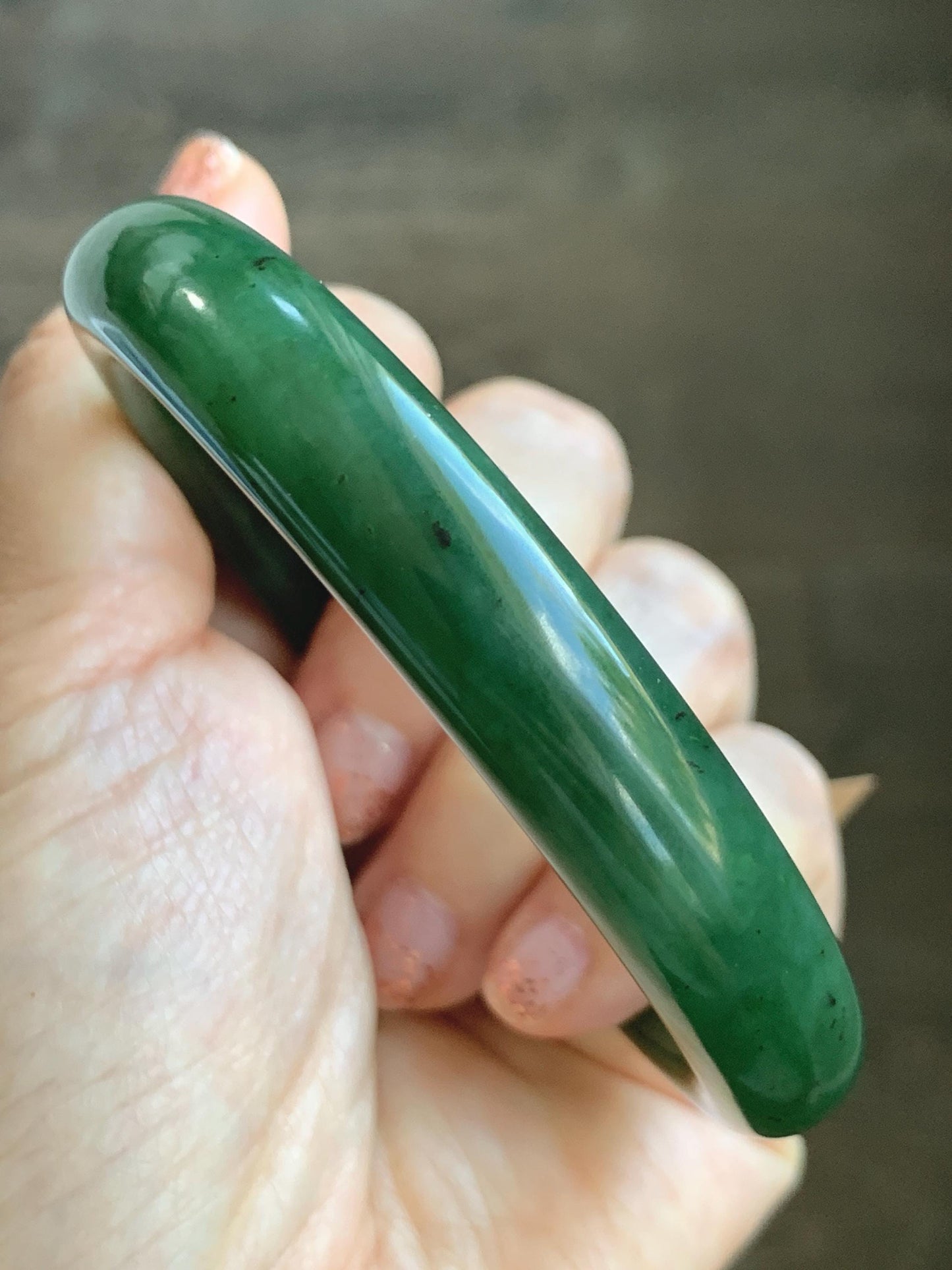 Certified Natural Nephrite Jade Translucent Dark Green Bangle Bracelet 63.5mm 7.85” 58g 天然和田玉菠菜绿轮胎宽手镯 150