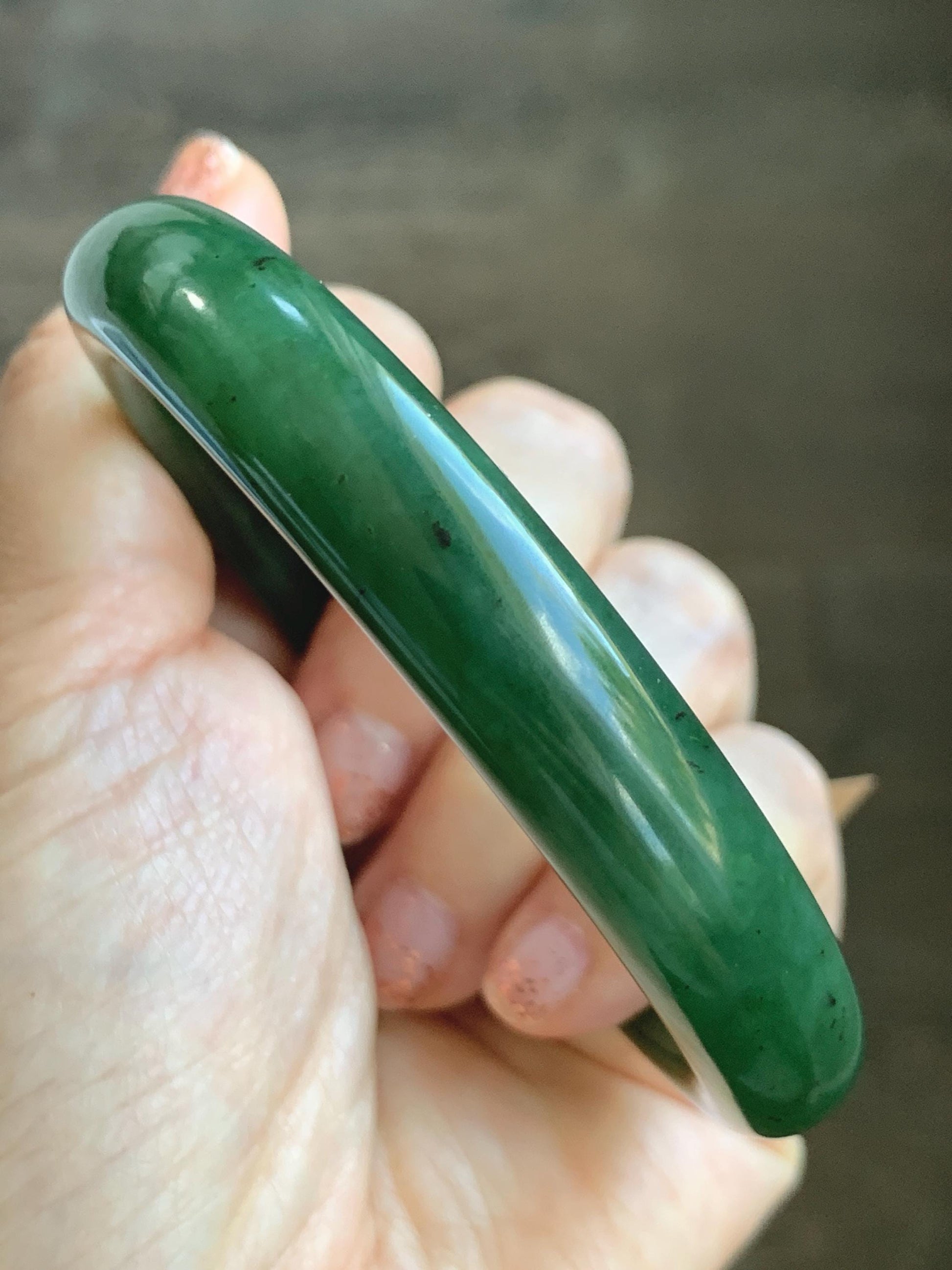 Certified Natural Nephrite Jade Translucent Dark Green Bangle Bracelet 63.5mm 7.85” 58g 天然和田玉菠菜绿轮胎宽手镯 150