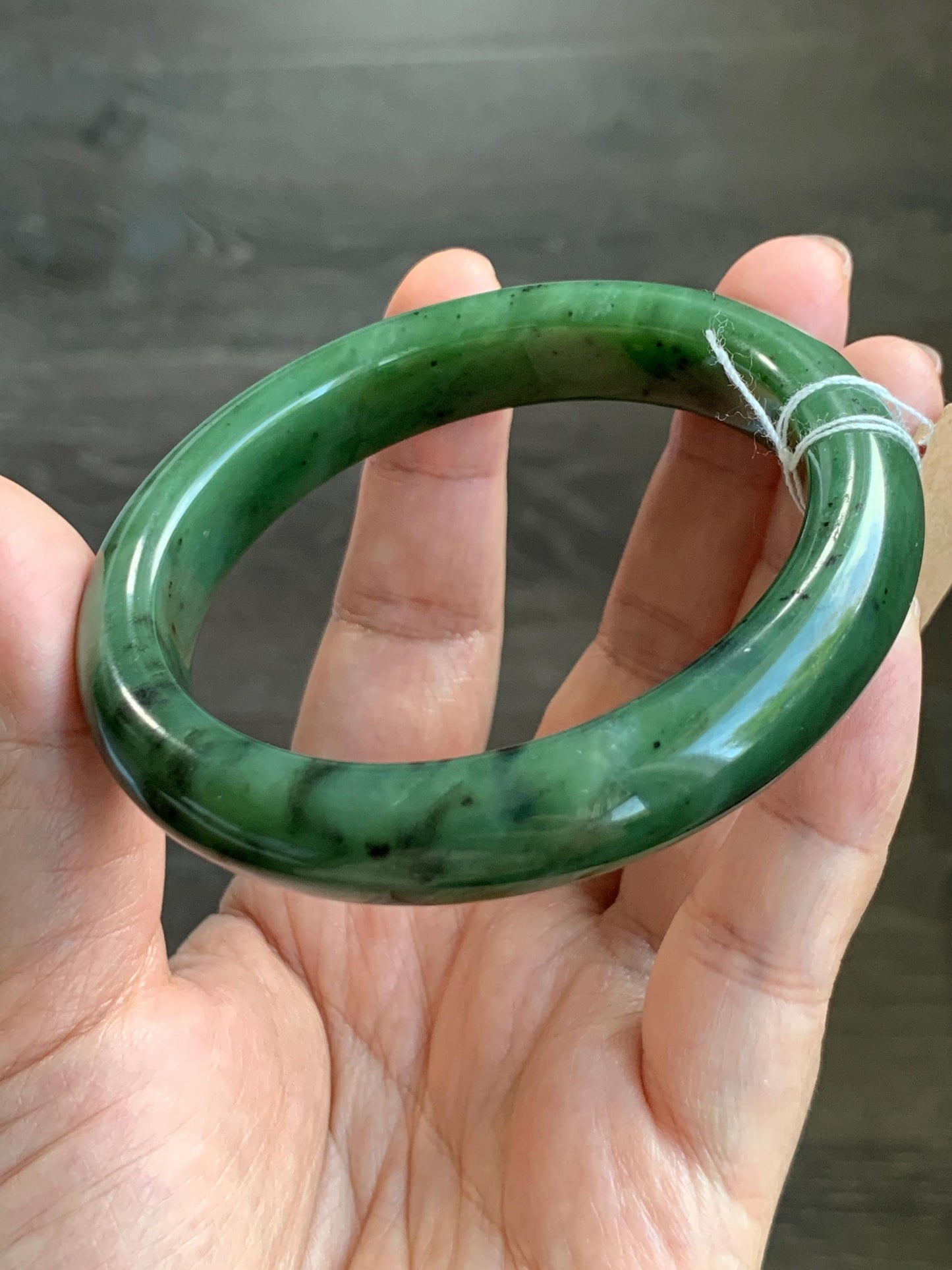Certified Natural Nephrite Jade Translucent Dark Green Bangle Bracelet 58.6mm 7.25” 78g 天然和田玉菠菜绿轮胎宽手镯 153