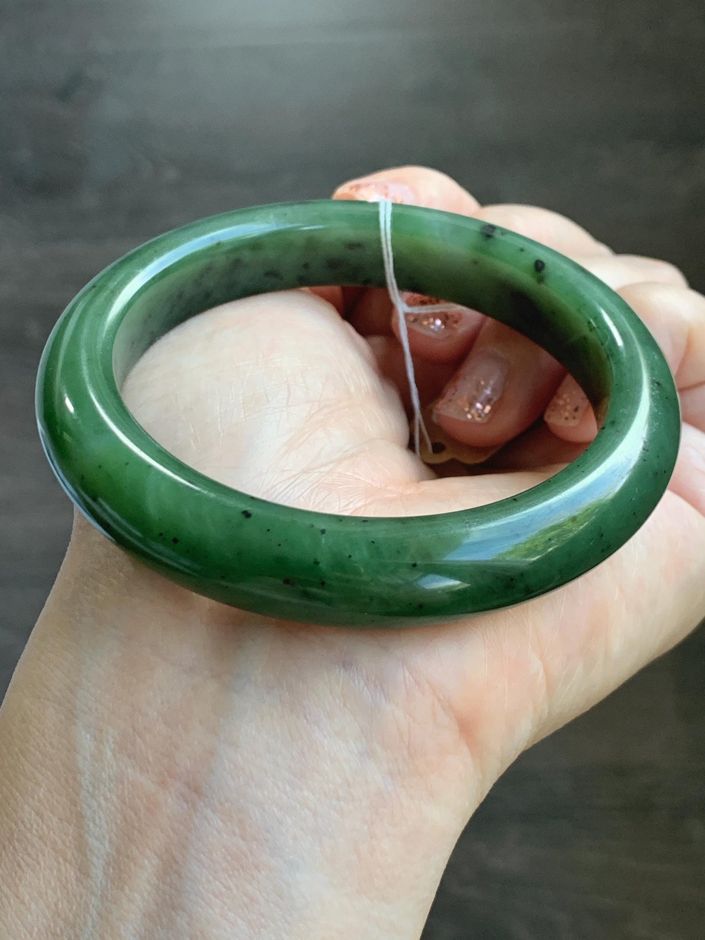 Certified Natural Nephrite Jade Translucent Dark Green Bangle Bracelet 58.6mm 7.25” 78g 天然和田玉菠菜绿轮胎宽手镯 153