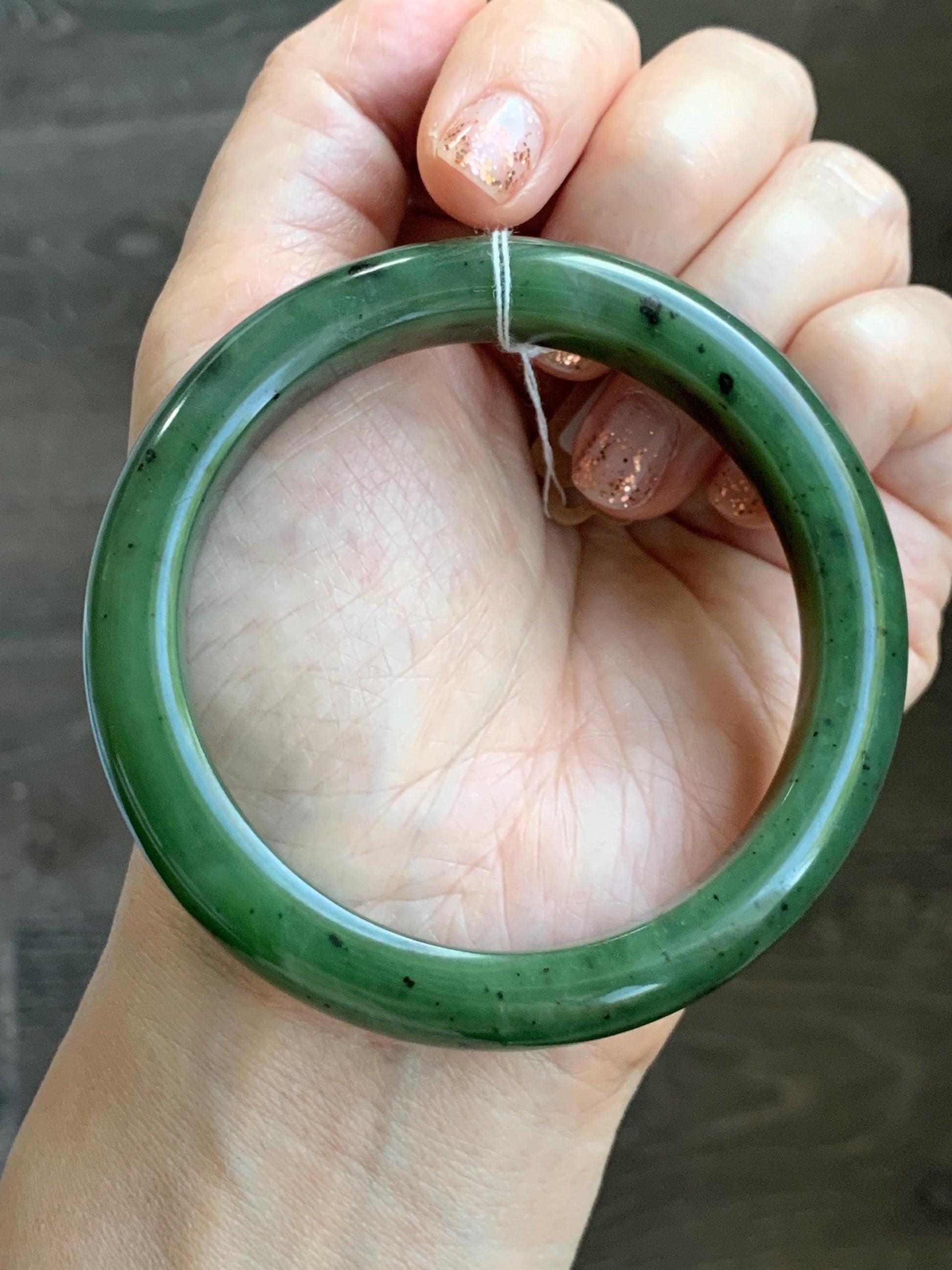 Certified Natural Nephrite Jade Translucent Dark Green Bangle Bracelet 58.6mm 7.25” 78g 天然和田玉菠菜绿轮胎宽手镯 153