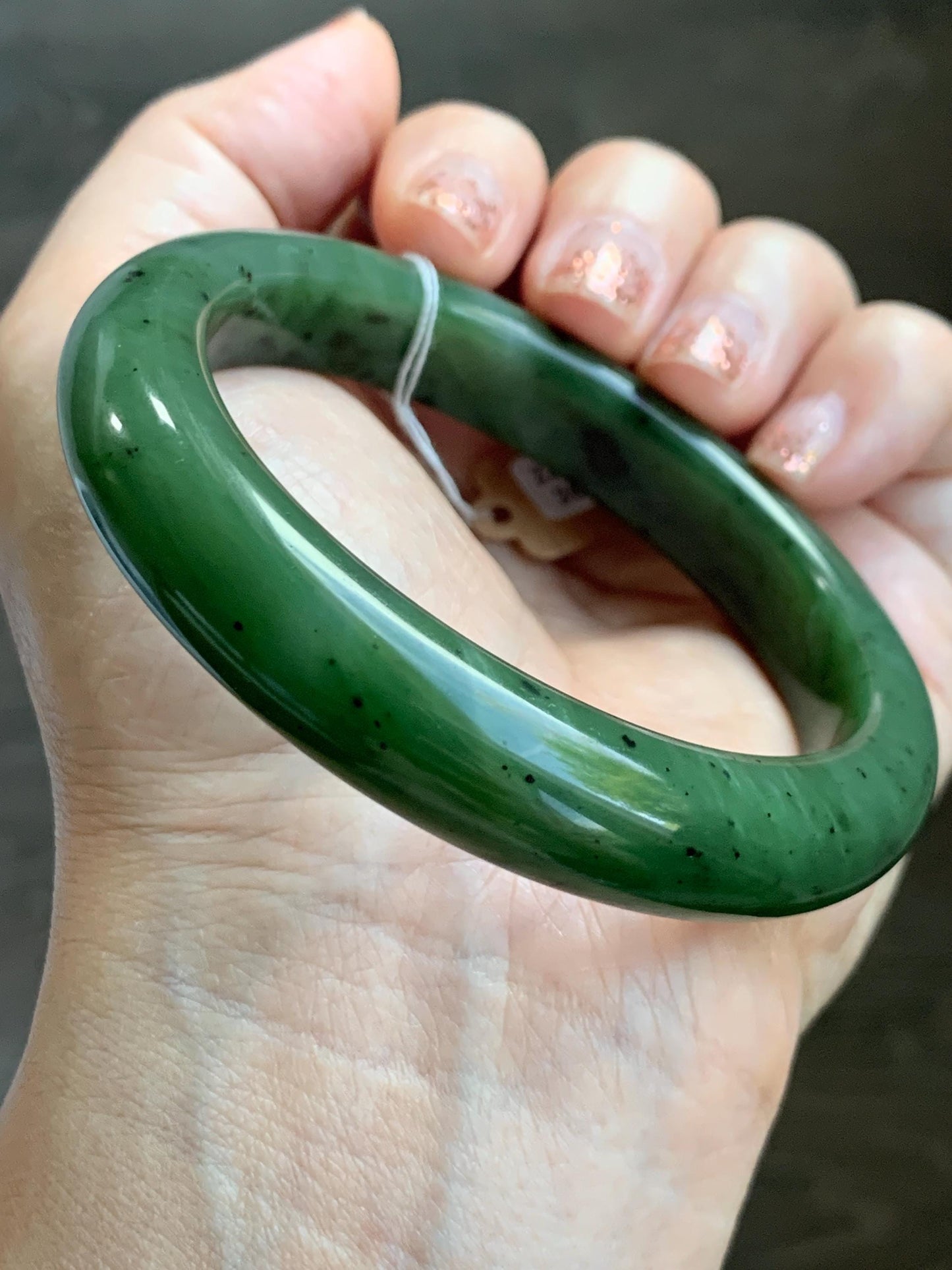 Certified Natural Nephrite Jade Translucent Dark Green Bangle Bracelet 58.6mm 7.25” 78g 天然和田玉菠菜绿轮胎宽手镯 153