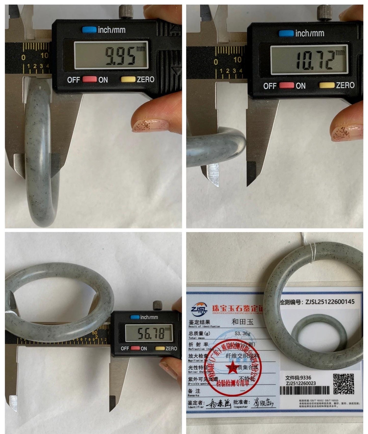 Certified Natural Nephrite Jade Translucent Gray Wuji Marbled Bangle Bracelet Matte Finish 56.7mm 7” 53g 天然和田玉乌鸡黑芝麻花圆条哑光手镯 145