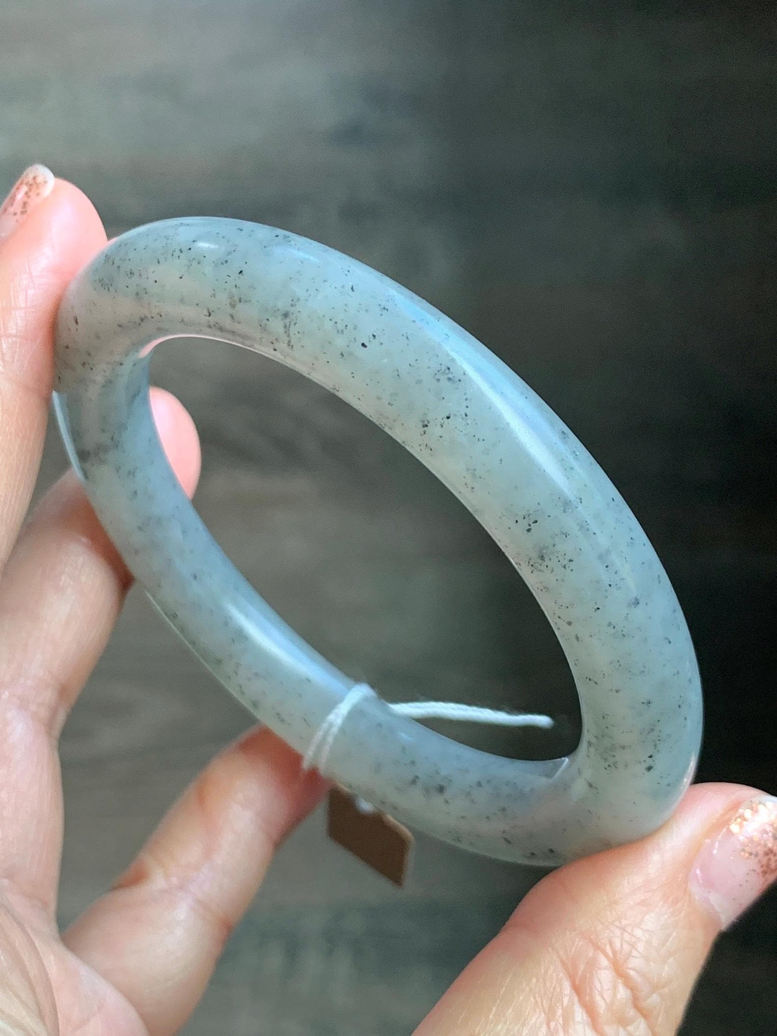 Certified Natural Nephrite Jade Translucent Gray Wuji Marbled Bangle Bracelet Matte Finish 56.7mm 7” 53g 天然和田玉乌鸡黑芝麻花圆条哑光手镯 145