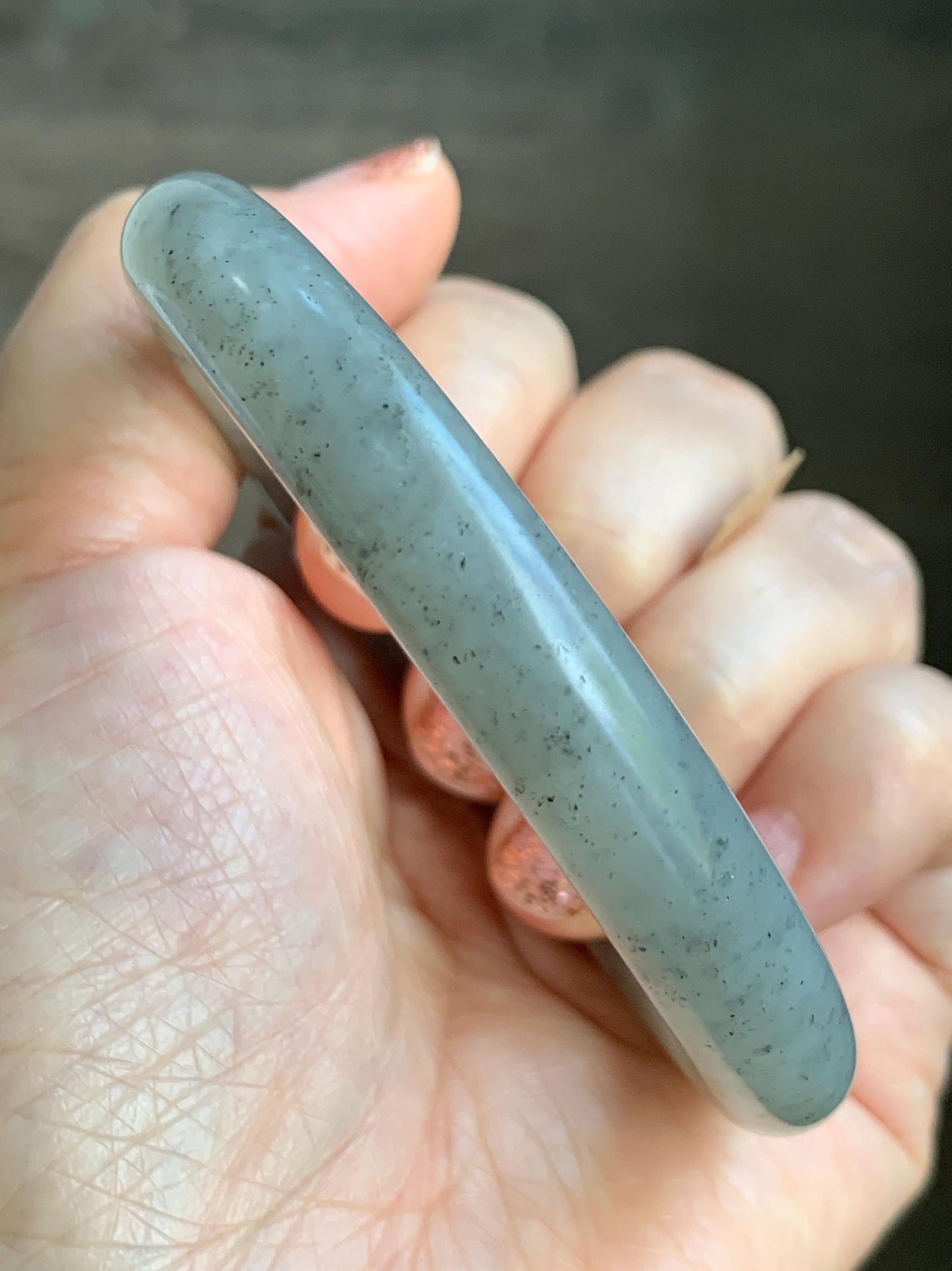 Certified Natural Nephrite Jade Translucent Gray Wuji Marbled Bangle Bracelet Matte Finish 56.7mm 7” 53g 天然和田玉乌鸡黑芝麻花圆条哑光手镯 145