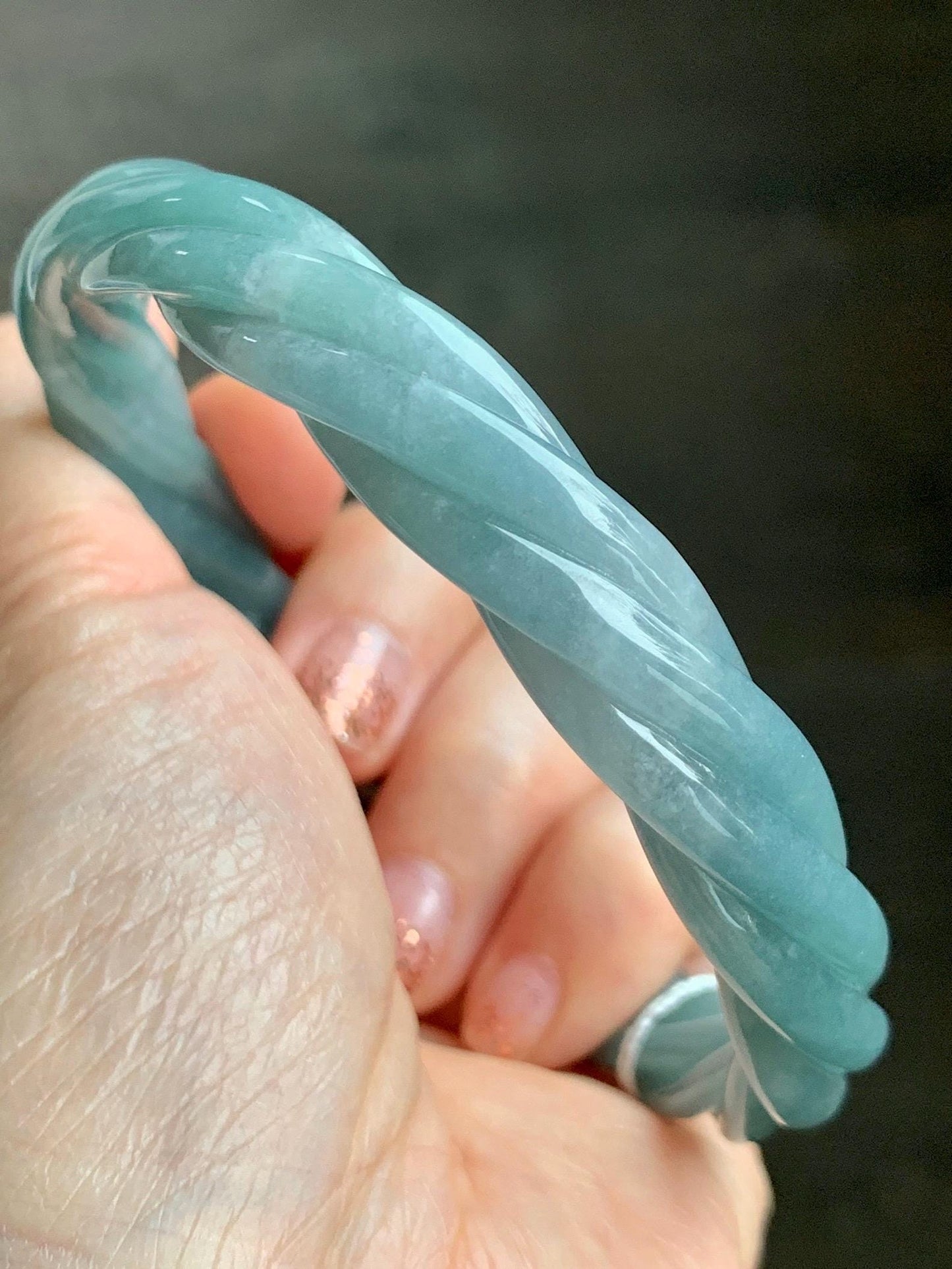 Certified Natural Grade A Guatemalan Icy Translucent Dusty Teal Blue Jade Jadeite Carved Braid Bangle 70.45mm 8.7” 48g 天然冰危暗蓝绿翡翠麻花手镯 463