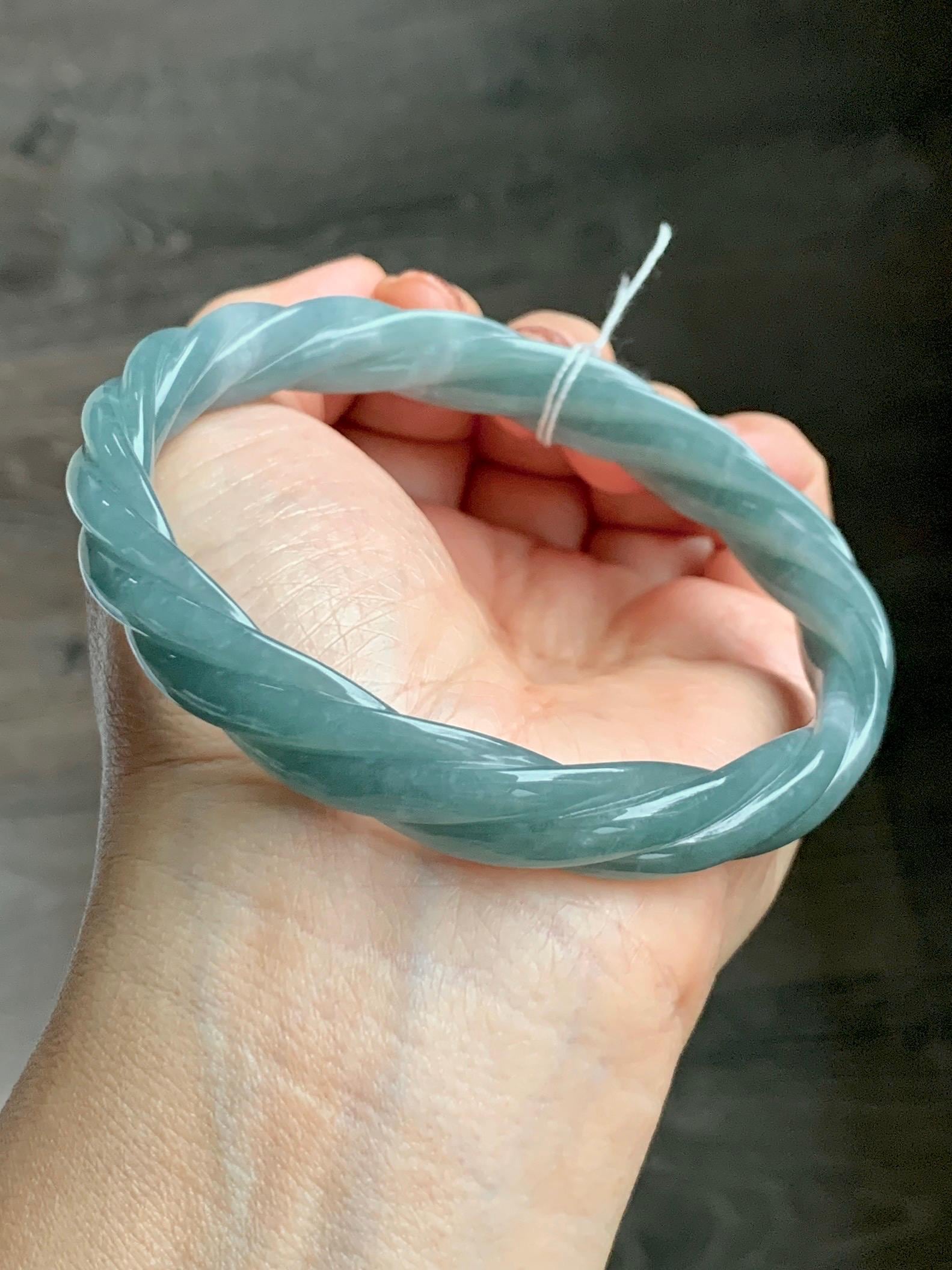 Certified Natural Grade A Guatemalan Icy Translucent Dusty Teal Blue Jade Jadeite Carved Braid Bangle 70.45mm 8.7” 48g 天然冰危暗蓝绿翡翠麻花手镯 463