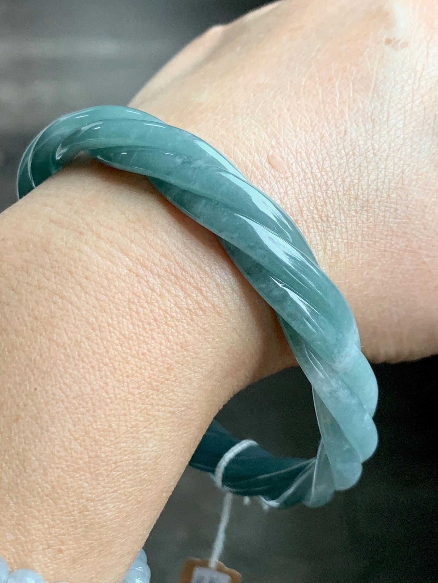 Certified Natural Grade A Guatemalan Icy Translucent Dusty Teal Blue Jade Jadeite Carved Braid Bangle 70.45mm 8.7” 48g 天然冰危暗蓝绿翡翠麻花手镯 463