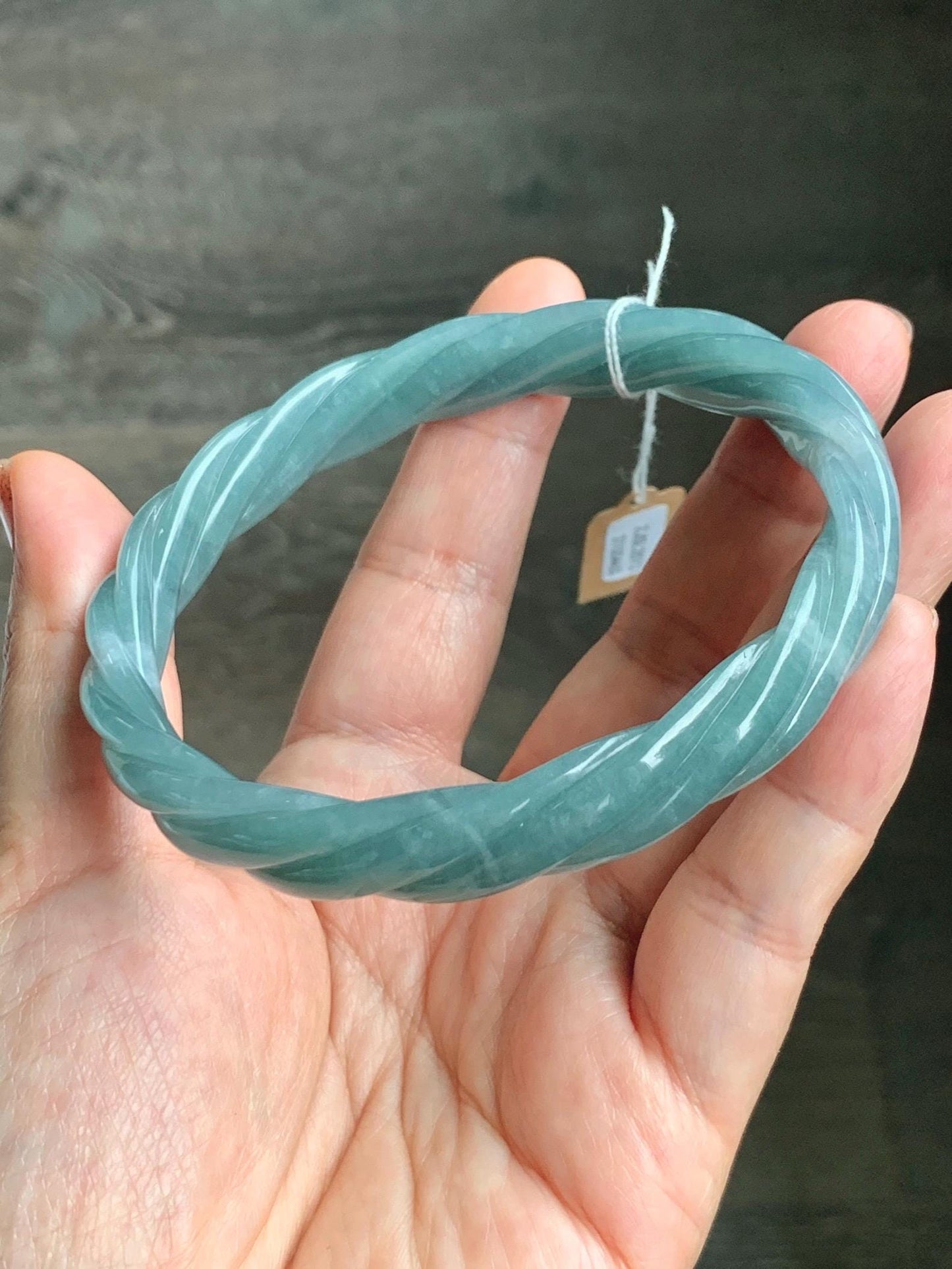 Certified Natural Grade A Guatemalan Icy Translucent Dusty Teal Blue Jade Jadeite Carved Braid Bangle 70.45mm 8.7” 48g 天然冰危暗蓝绿翡翠麻花手镯 463