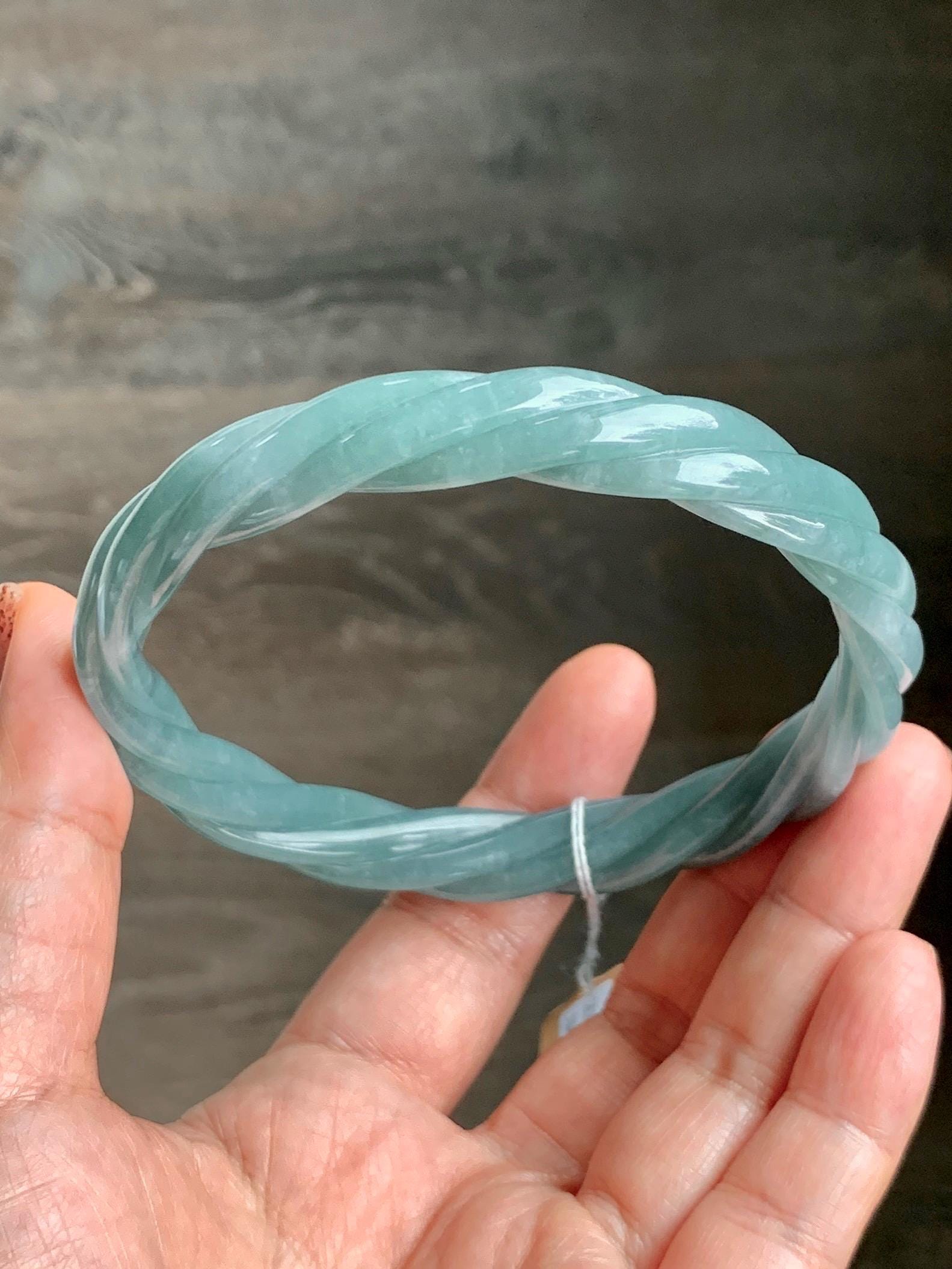 Certified Natural Grade A Guatemalan Icy Translucent Dusty Teal Blue Jade Jadeite Carved Braid Bangle 70.45mm 8.7” 48g 天然冰危暗蓝绿翡翠麻花手镯 463