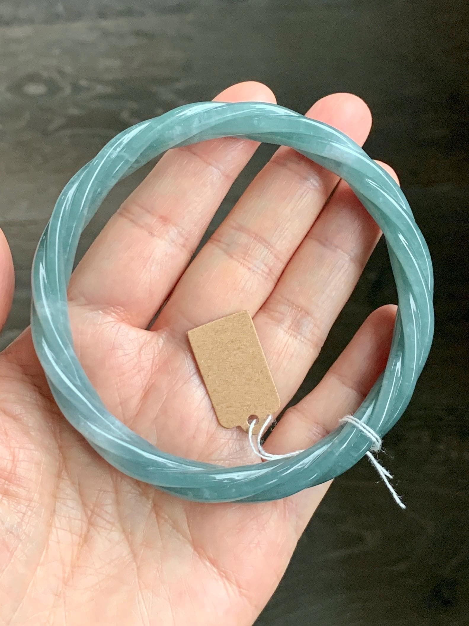 Certified Natural Grade A Guatemalan Icy Translucent Dusty Teal Blue Jade Jadeite Carved Braid Bangle 70.45mm 8.7” 48g 天然冰危暗蓝绿翡翠麻花手镯 463