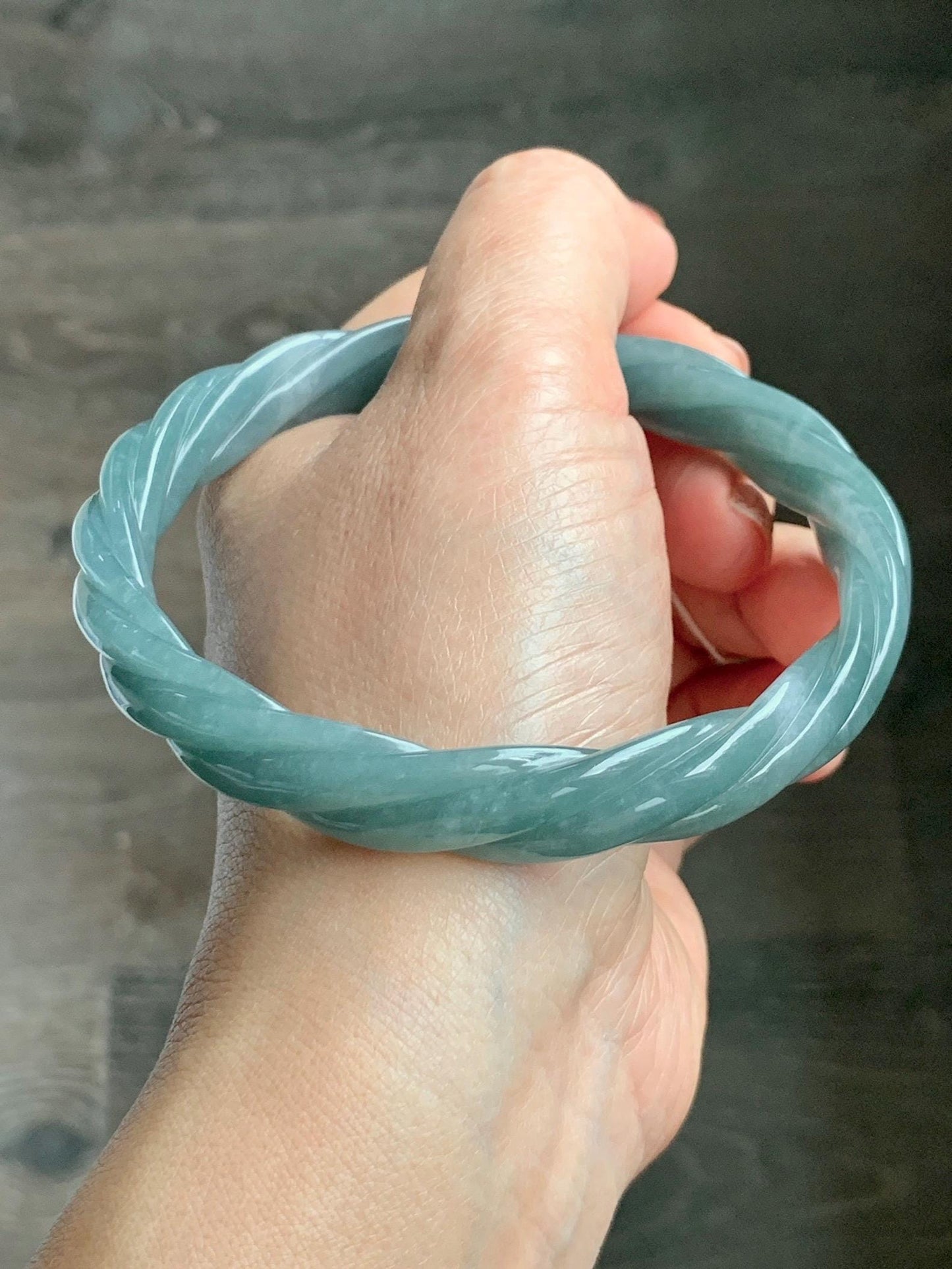 Certified Natural Grade A Guatemalan Icy Translucent Dusty Teal Blue Jade Jadeite Carved Braid Bangle 70.45mm 8.7” 48g 天然冰危暗蓝绿翡翠麻花手镯 463