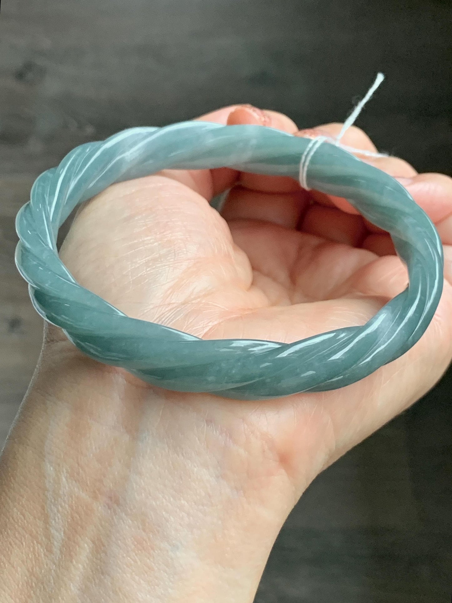 Certified Natural Grade A Guatemalan Icy Translucent Dusty Teal Blue Jade Jadeite Carved Braid Bangle 70.45mm 8.7” 48g 天然冰危暗蓝绿翡翠麻花手镯 463