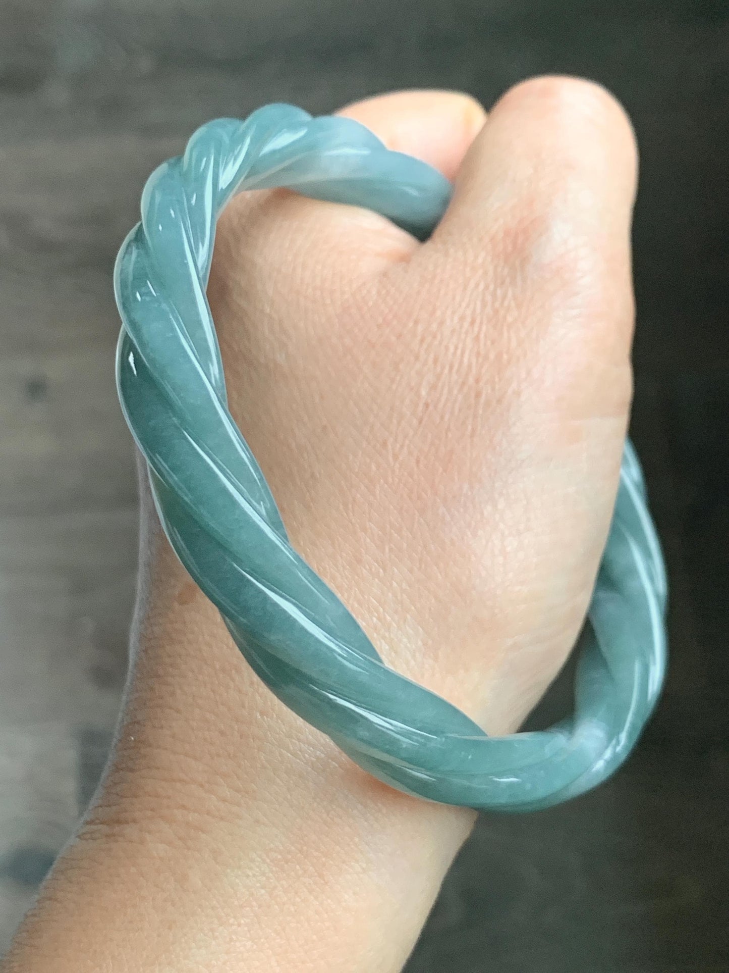 Certified Natural Grade A Guatemalan Icy Translucent Dusty Teal Blue Jade Jadeite Carved Braid Bangle 70.45mm 8.7” 48g 天然冰危暗蓝绿翡翠麻花手镯 463