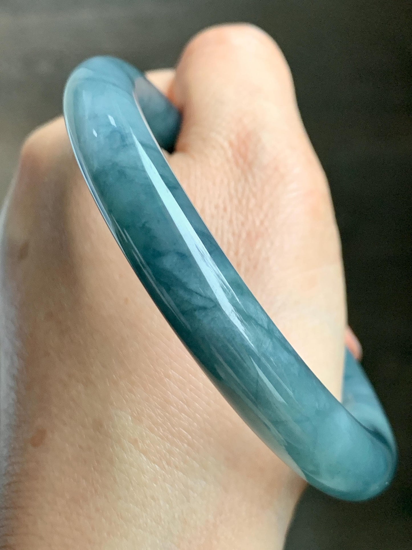 Certified Natural Grade A Guatemalan Icy Translucent Dusty Blueberry Blue Jade Jadeite Wide Bangle Bracelet 56.7mm 7” 天然冰危蓝莓紫翡翠粗圆条手镯 469