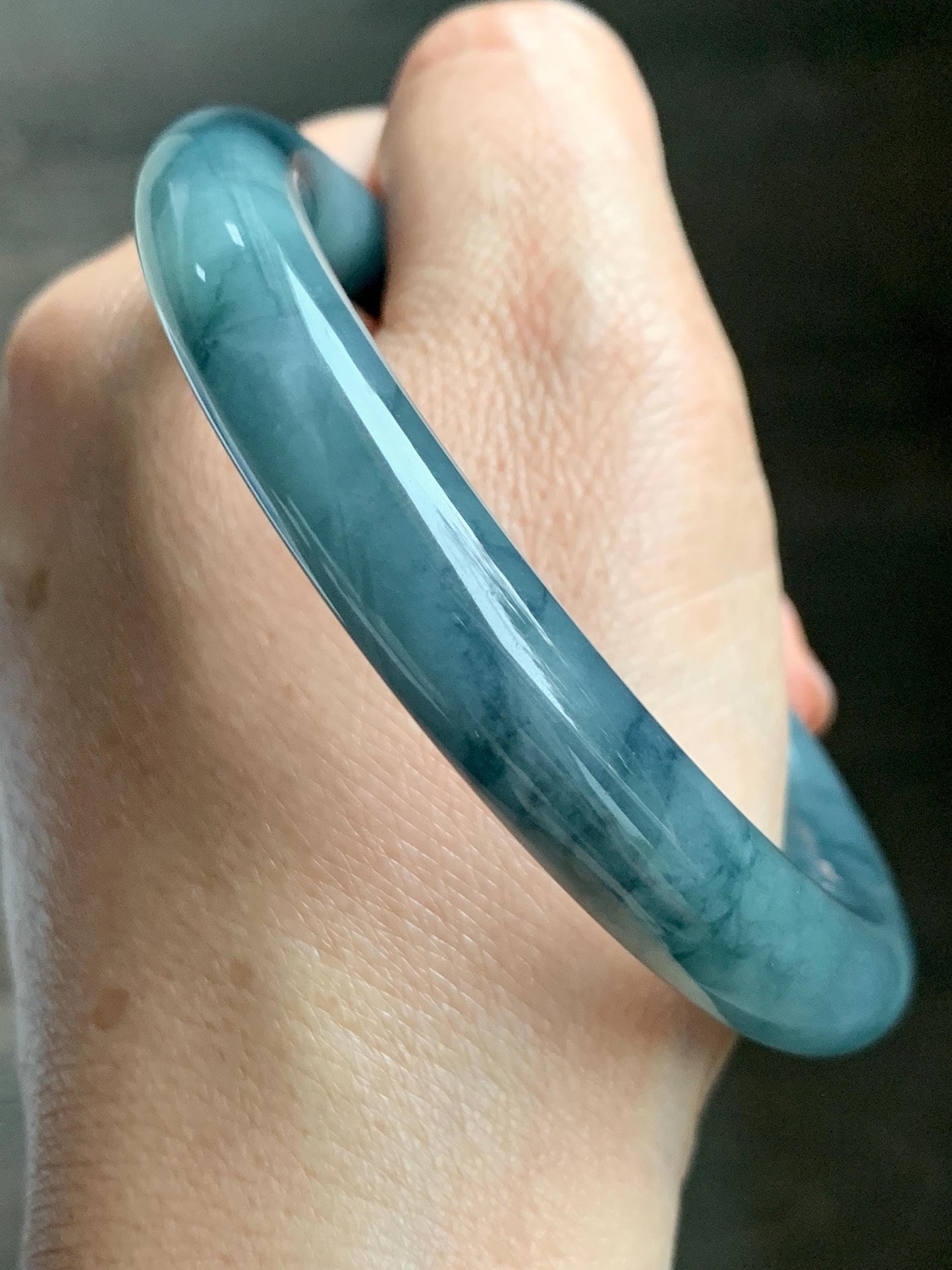 Certified Natural Grade A Guatemalan Icy Translucent Dusty Blueberry Blue Jade Jadeite Wide Bangle Bracelet 56.7mm 7” 天然冰危蓝莓紫翡翠粗圆条手镯 469