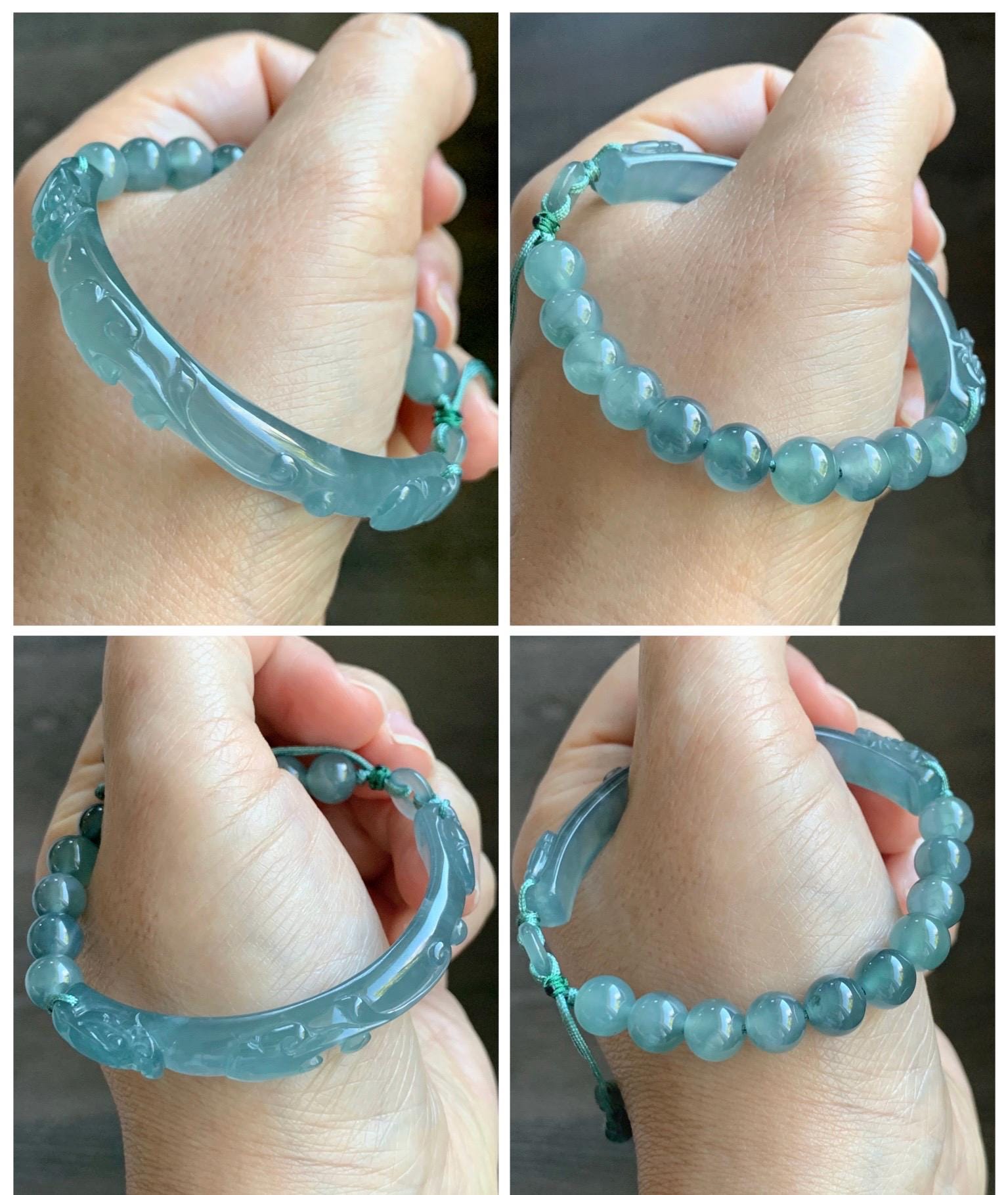 Natural Grade A Guatemalan Icy Highly Translucent Light Teal Jade Jadeite Dragon Hook Cuff Beaded Bracelet 6.75" 19g 天然高冰危浅蓝龙钩手牌手串 GLG350Q