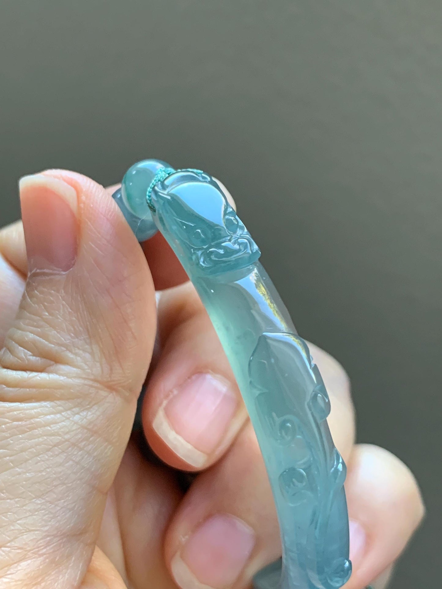 Natural Grade A Guatemalan Icy Highly Translucent Light Teal Jade Jadeite Dragon Hook Cuff Beaded Bracelet 6.75" 19g 天然高冰危浅蓝龙钩手牌手串 GLG350Q