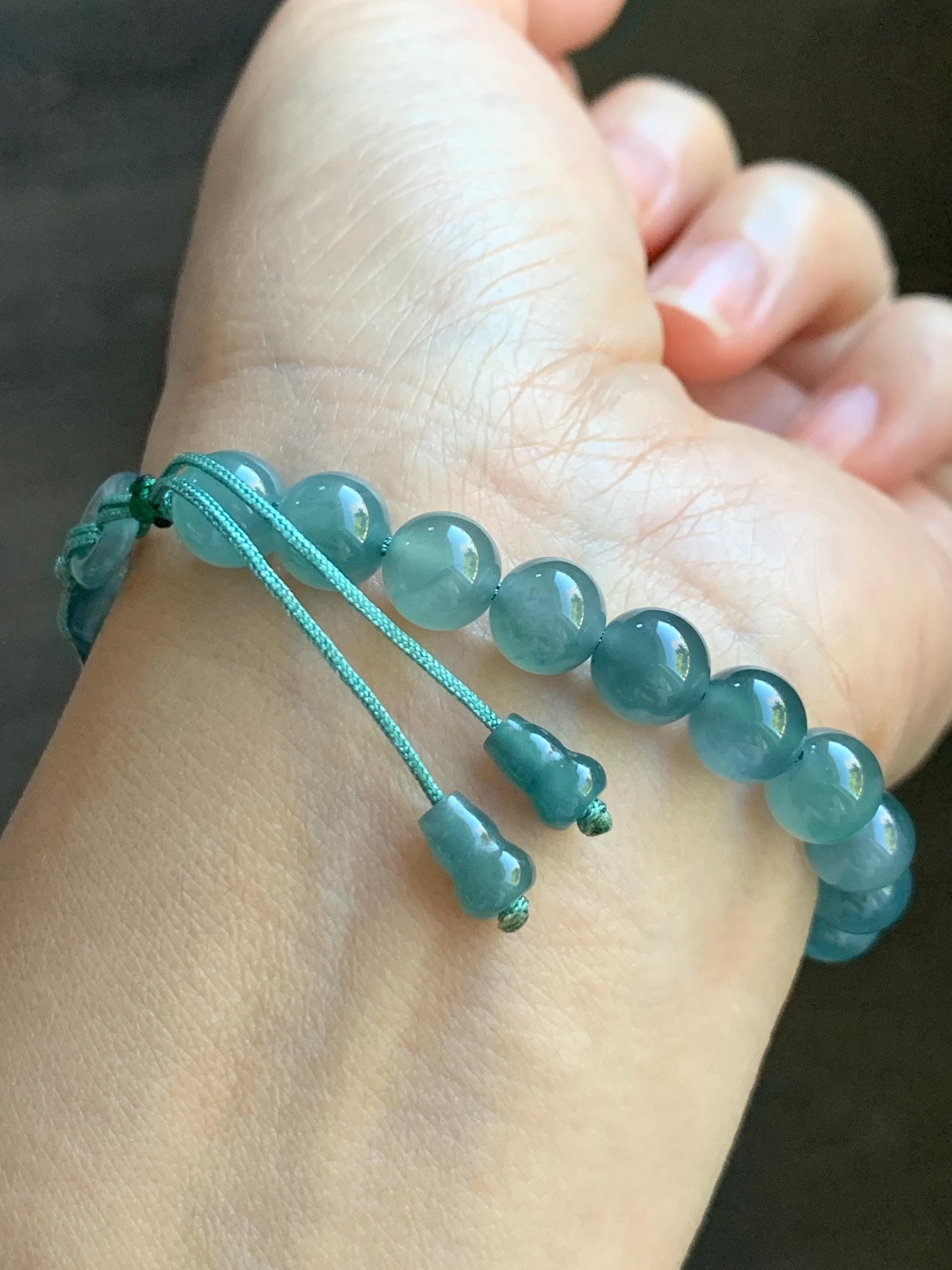 Natural Grade A Guatemalan Icy Highly Translucent Light Teal Jade Jadeite Dragon Hook Cuff Beaded Bracelet 6.75" 19g 天然高冰危浅蓝龙钩手牌手串 GLG350Q
