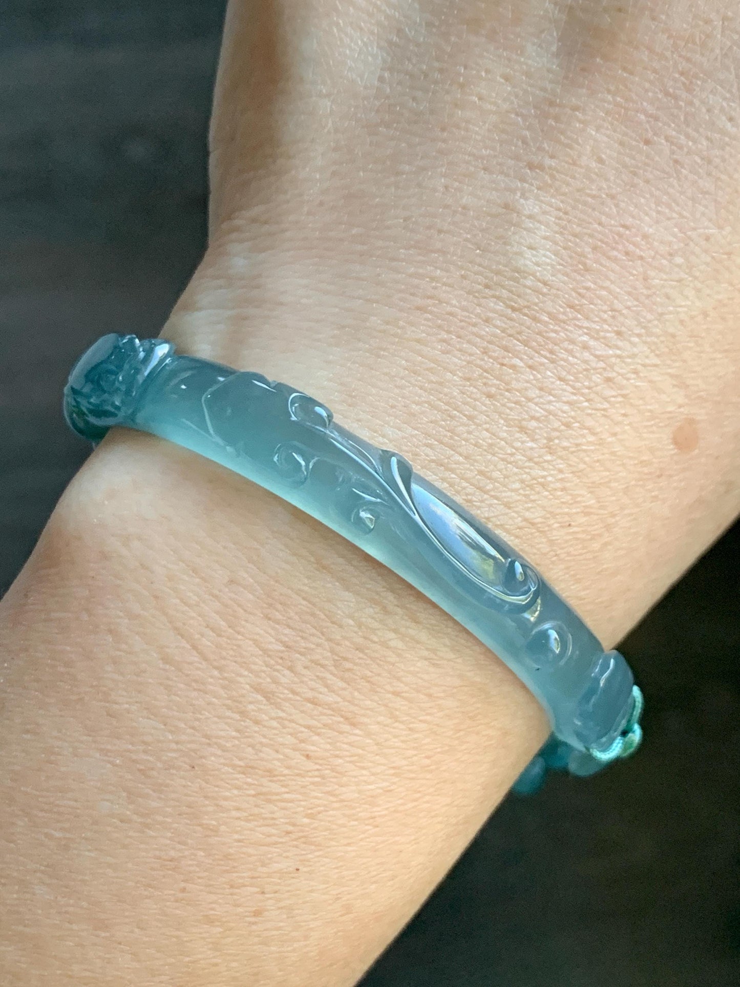 Natural Grade A Guatemalan Icy Highly Translucent Light Teal Jade Jadeite Dragon Hook Cuff Beaded Bracelet 6.75" 19g 天然高冰危浅蓝龙钩手牌手串 GLG350Q