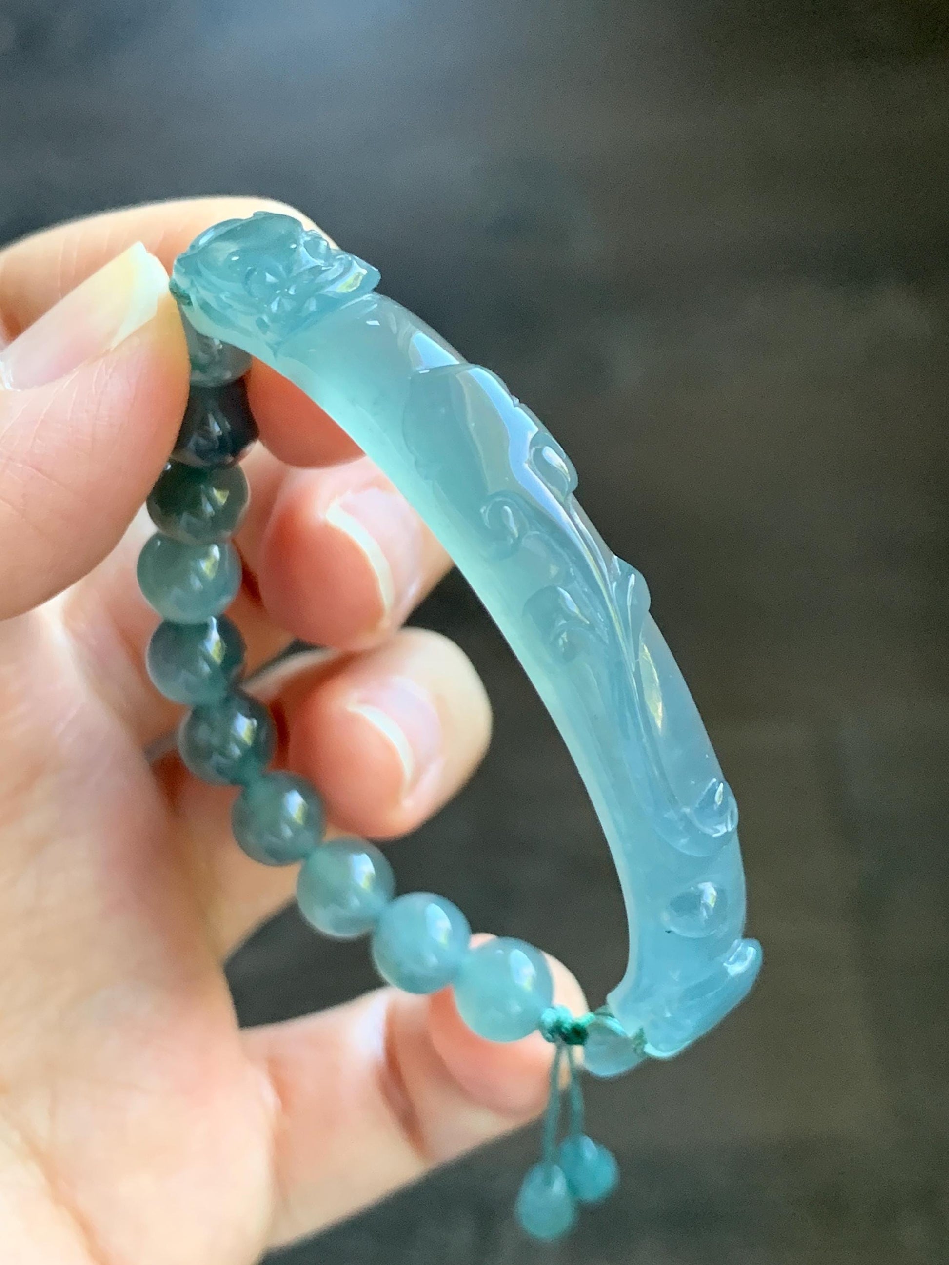 Natural Grade A Guatemalan Icy Highly Translucent Light Teal Jade Jadeite Dragon Hook Cuff Beaded Bracelet 6.75" 19g 天然高冰危浅蓝龙钩手牌手串 GLG350Q
