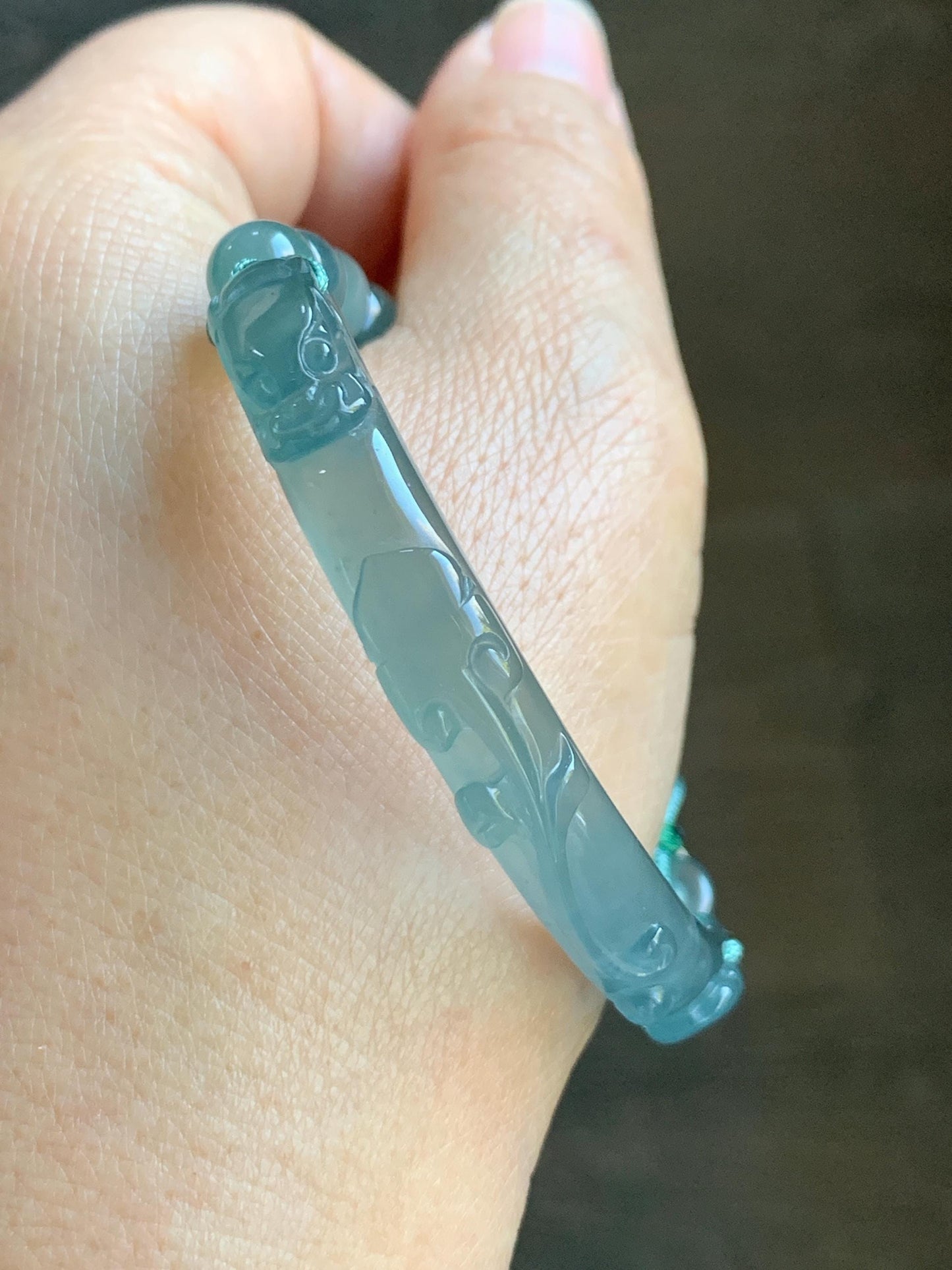 Natural Grade A Guatemalan Icy Highly Translucent Light Teal Jade Jadeite Dragon Hook Cuff Beaded Bracelet 6.75" 19g 天然高冰危浅蓝龙钩手牌手串 GLG350Q