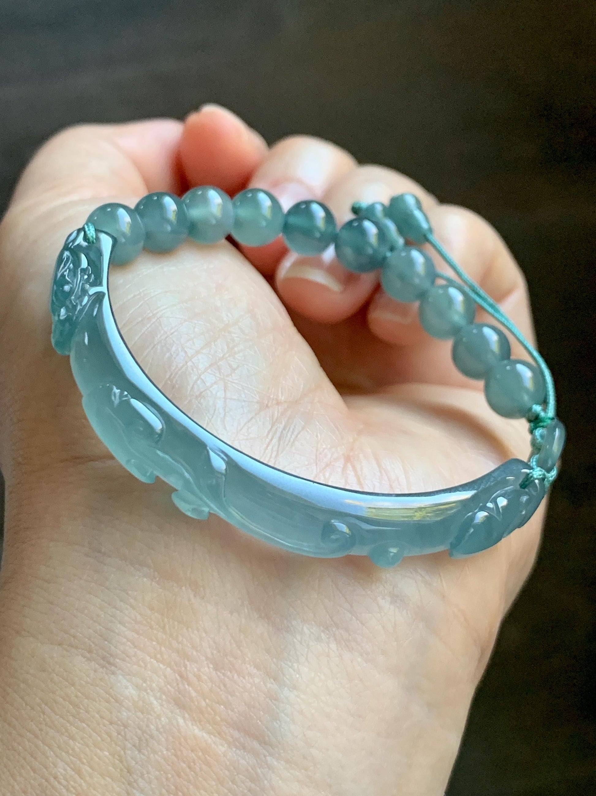 Natural Grade A Guatemalan Icy Highly Translucent Light Teal Jade Jadeite Dragon Hook Cuff Beaded Bracelet 6.75" 19g 天然高冰危浅蓝龙钩手牌手串 GLG350Q