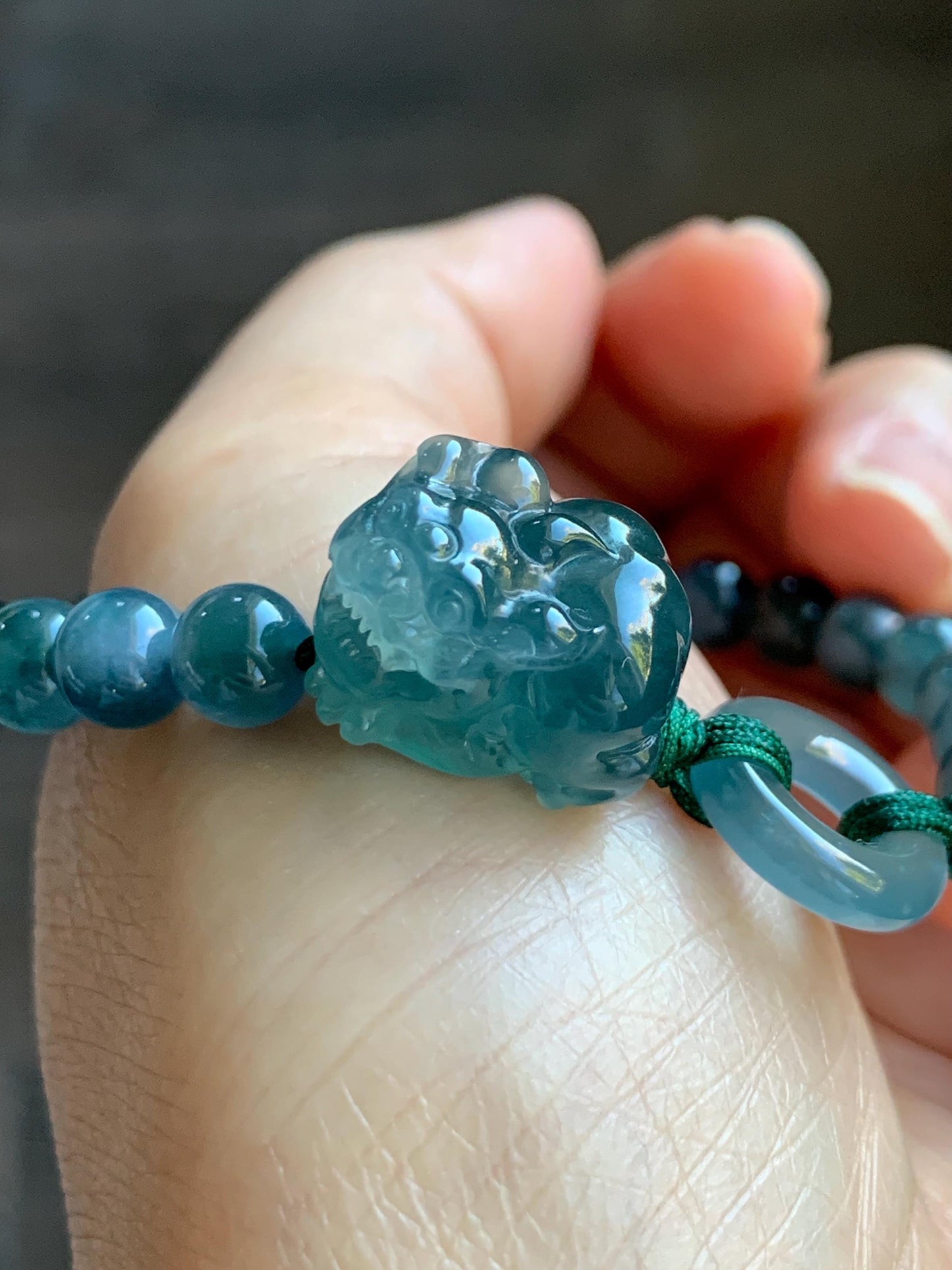 Natural Grade A Guatemalan Icy Translucent Gelatinous Dark Teal Blue Jade Jadeite Carved Pixiu Beaded Bracelet 7” 19g 天然冰胶危深蓝翡翠貔貅圆珠手串 HZP450
