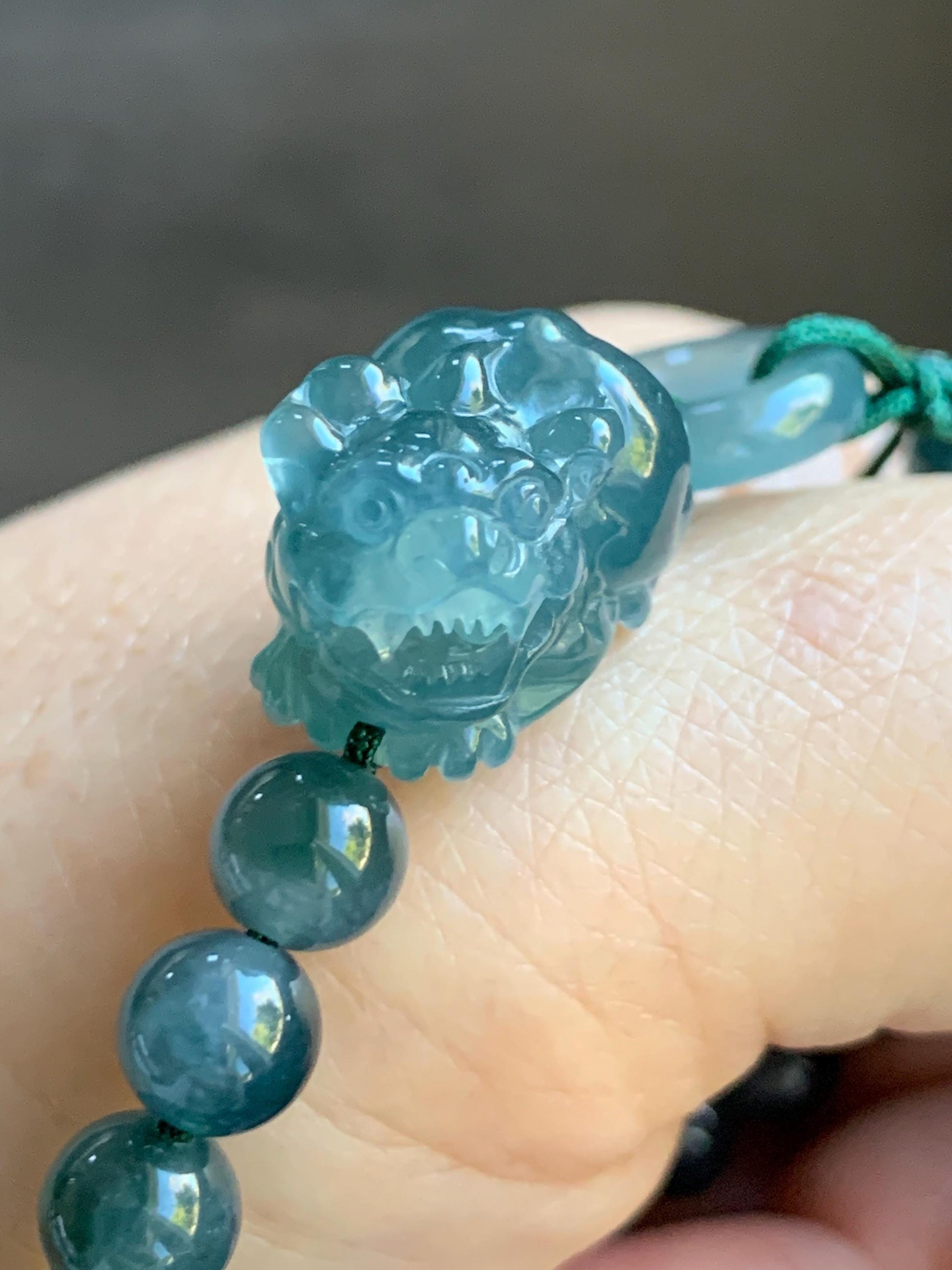 Natural Grade A Guatemalan Icy Translucent Gelatinous Dark Teal Blue Jade Jadeite Carved Pixiu Beaded Bracelet 7” 19g 天然冰胶危深蓝翡翠貔貅圆珠手串 HZP450